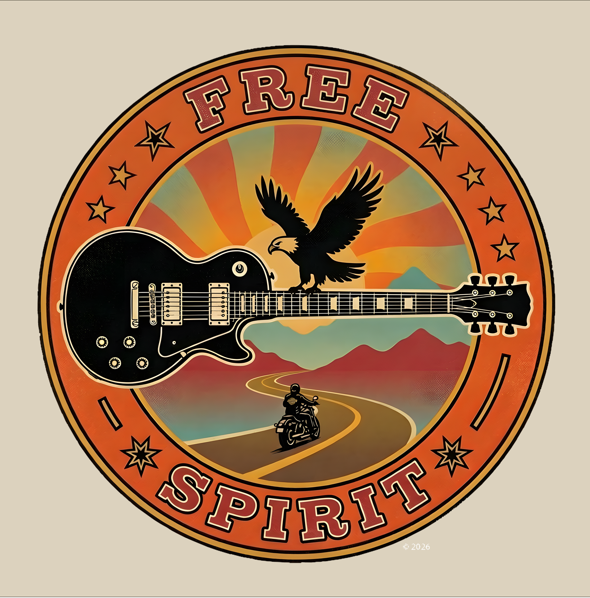 "Free Spirit" Badge Guitar T-Shirt — Retro Guitar "Road Trip" Graphic Tee product thumbnail image