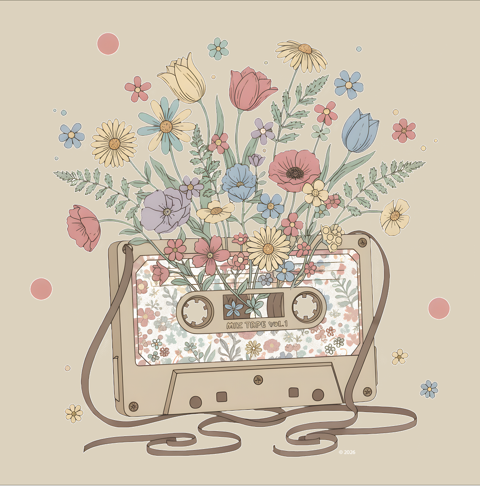 Vintage "Mix Tape" Floral Tee — Retro Music Cassette Flower Graphic T-Shirt product thumbnail image Vintage "Mix Tape" Floral Tee — Retro Music Cassette Flower Graphic T-Shirt product thumbnail image