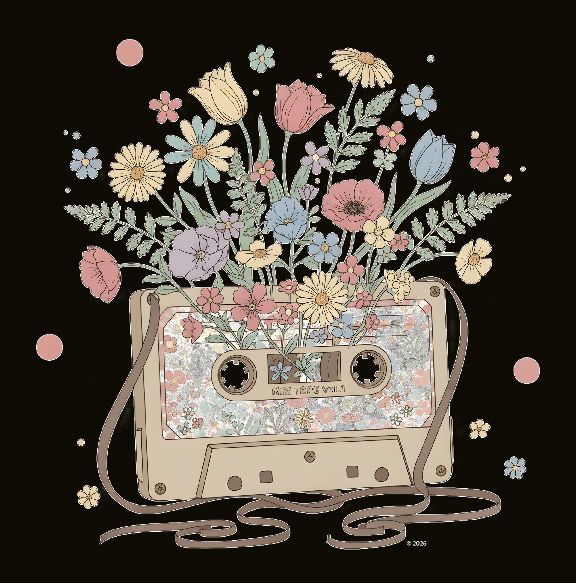 Vintage "Mix Tape" Floral Tee — Retro Music Cassette Flower Graphic T-Shirt product thumbnail image
