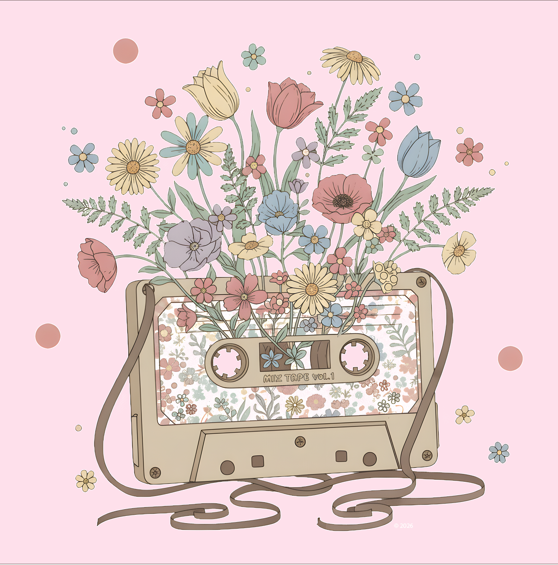 Vintage "Mix Tape" Floral Tee — Retro Music Cassette Flower Graphic T-Shirt product thumbnail image