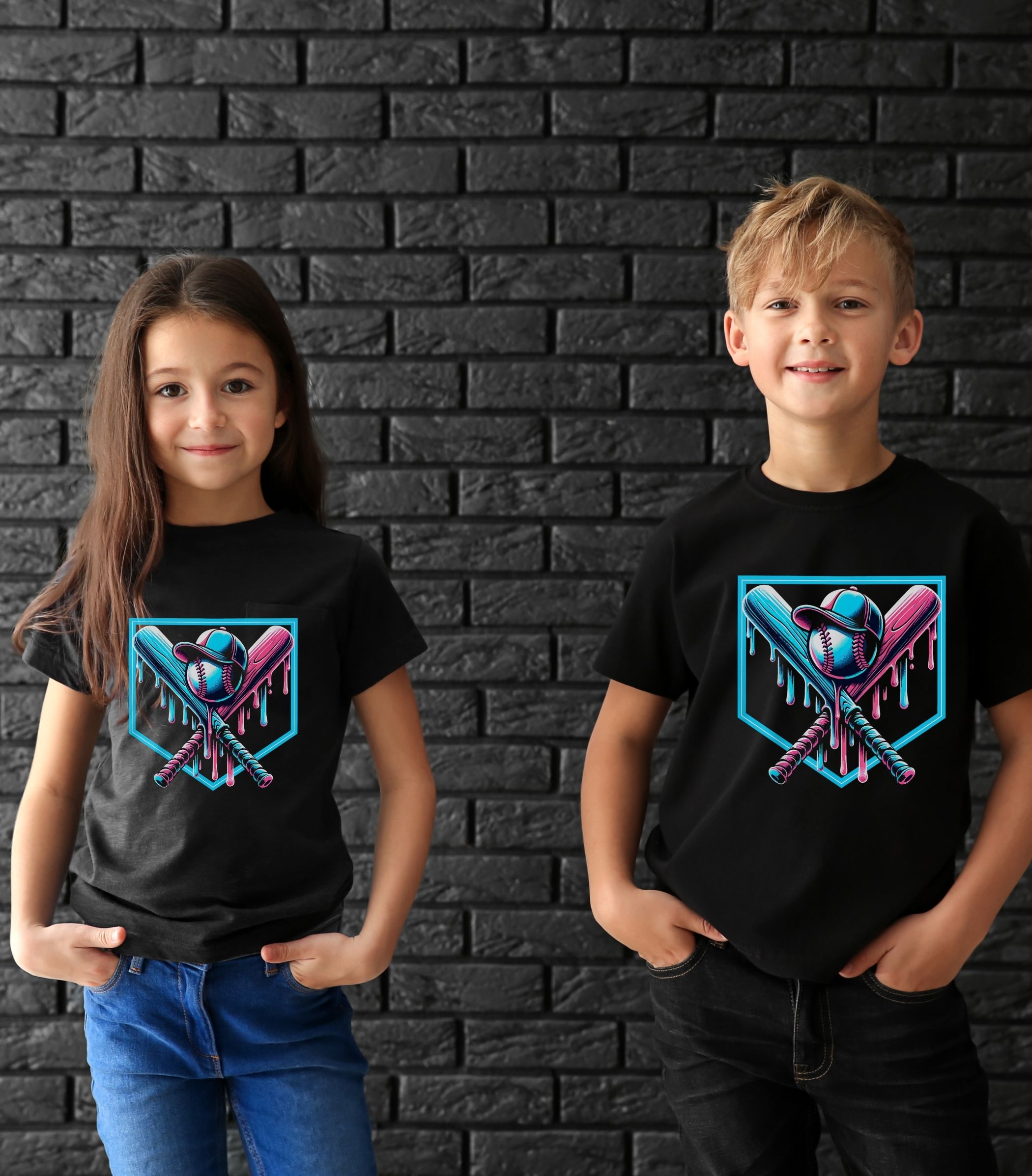 Youth Baseball Tee — Neon Drip Crossed Bats &amp; Ball Graphic