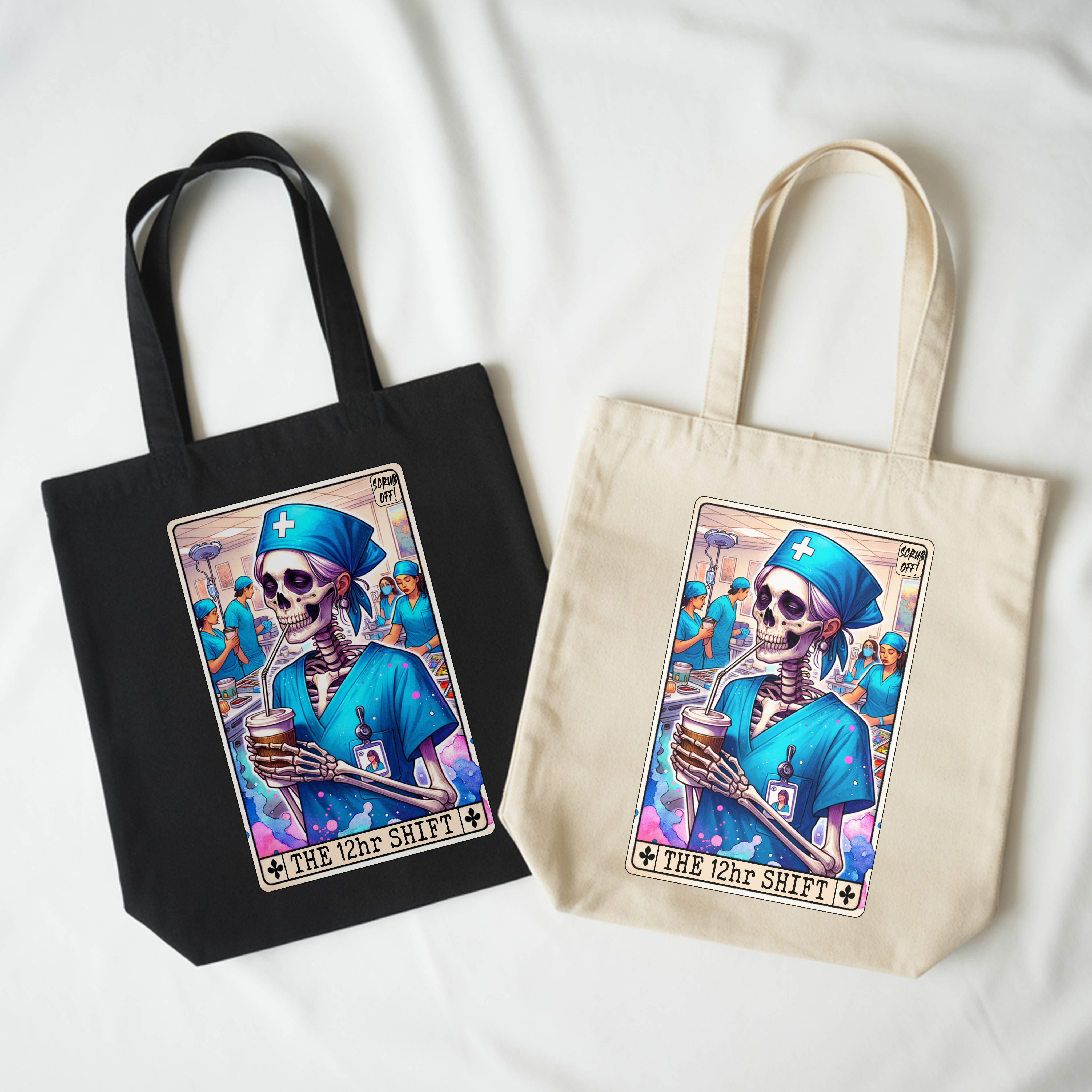 The 12hr Shift Nurse Skeleton Tote Bag – Dark Humor Medical Tote, Gothic Nurse Art Canvas Bag product thumbnail image