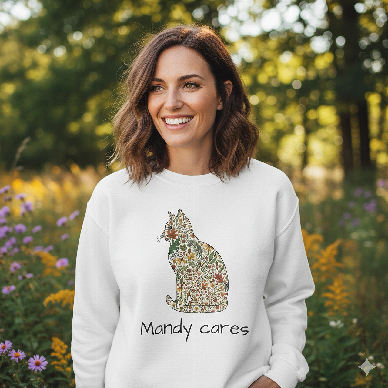 Floral Cat Crewneck Sweatshirt - Botanical Animal Graphic Pullover