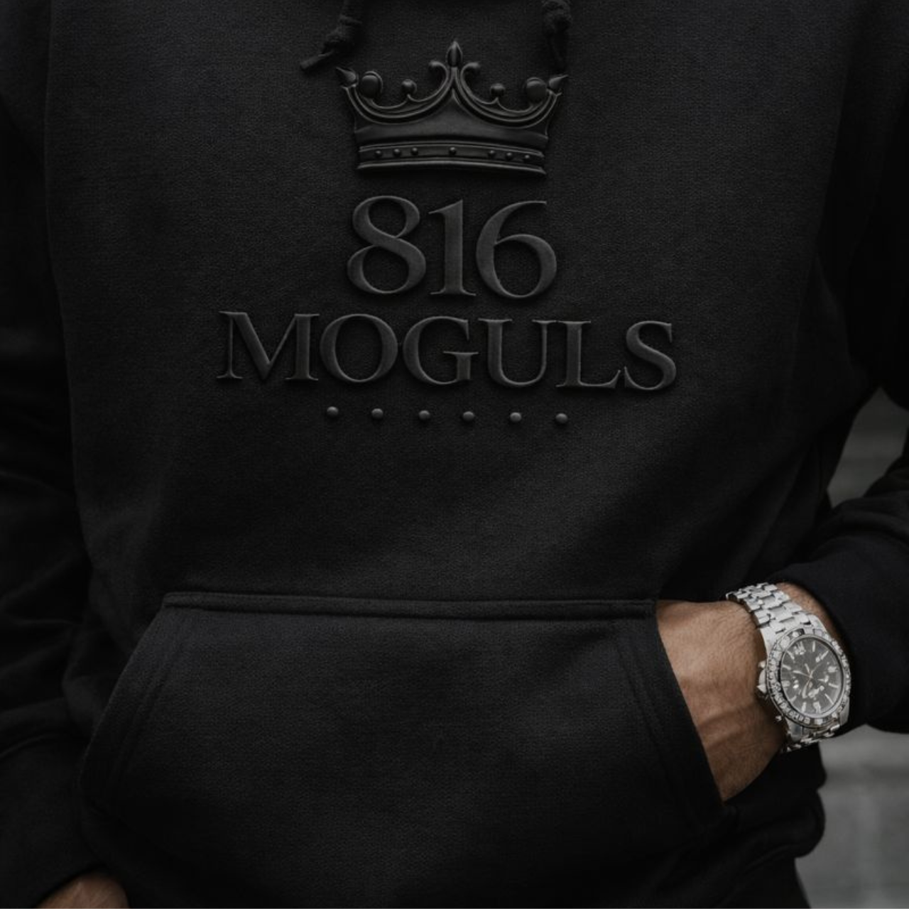 Hoodie — 816 Moguls Crown Logo Pullover Embroidered, front and Wrist product thumbnail image Hoodie — 816 Moguls Crown Logo Pullover Embroidered, front and Wrist product thumbnail image