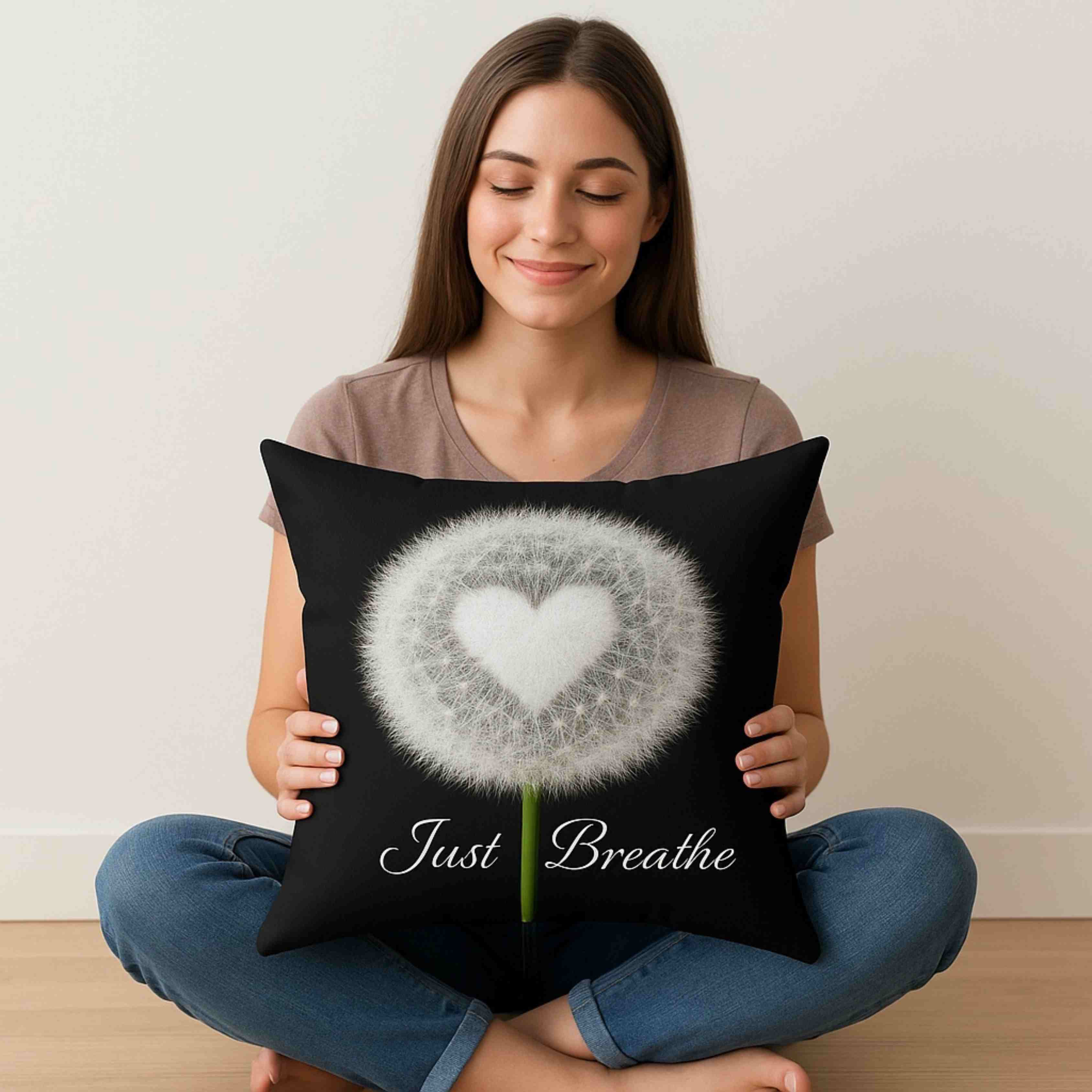 Dandelion Heart Just Breathe Pillow | Decorative Square Couch Cushion product thumbnail image Dandelion Heart Just Breathe Pillow | Decorative Square Couch Cushion product thumbnail image