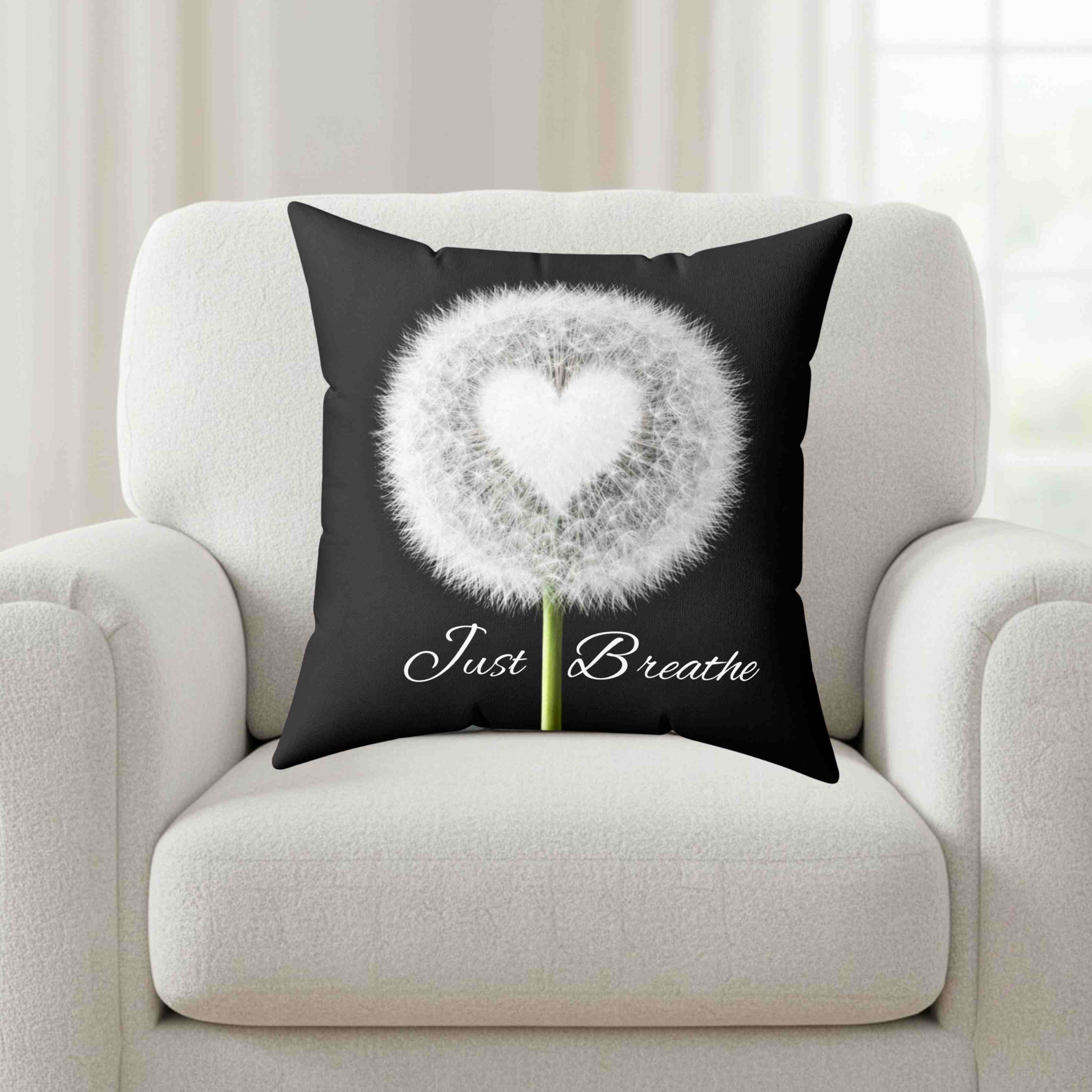 Dandelion Heart Just Breathe Pillow | Decorative Square Couch Cushion product thumbnail image Dandelion Heart Just Breathe Pillow | Decorative Square Couch Cushion product thumbnail image