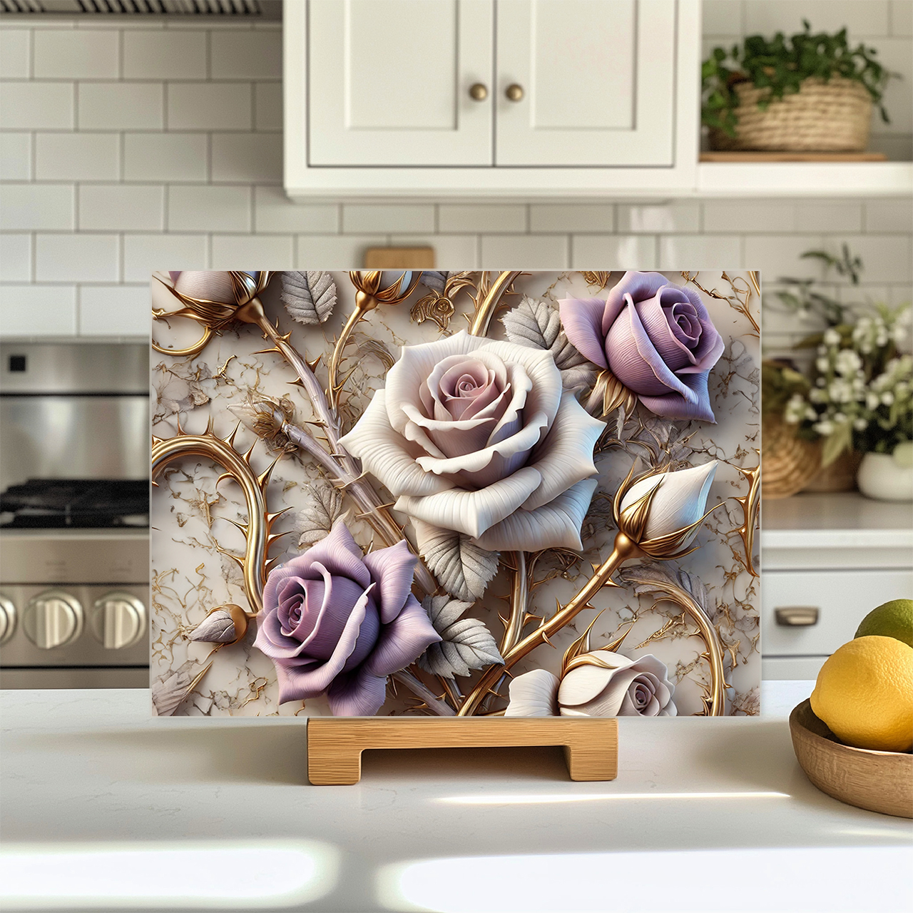 Floral Rose Glass Cutting Board — Elegant Purple &amp; Gold Decorative Chopping Board