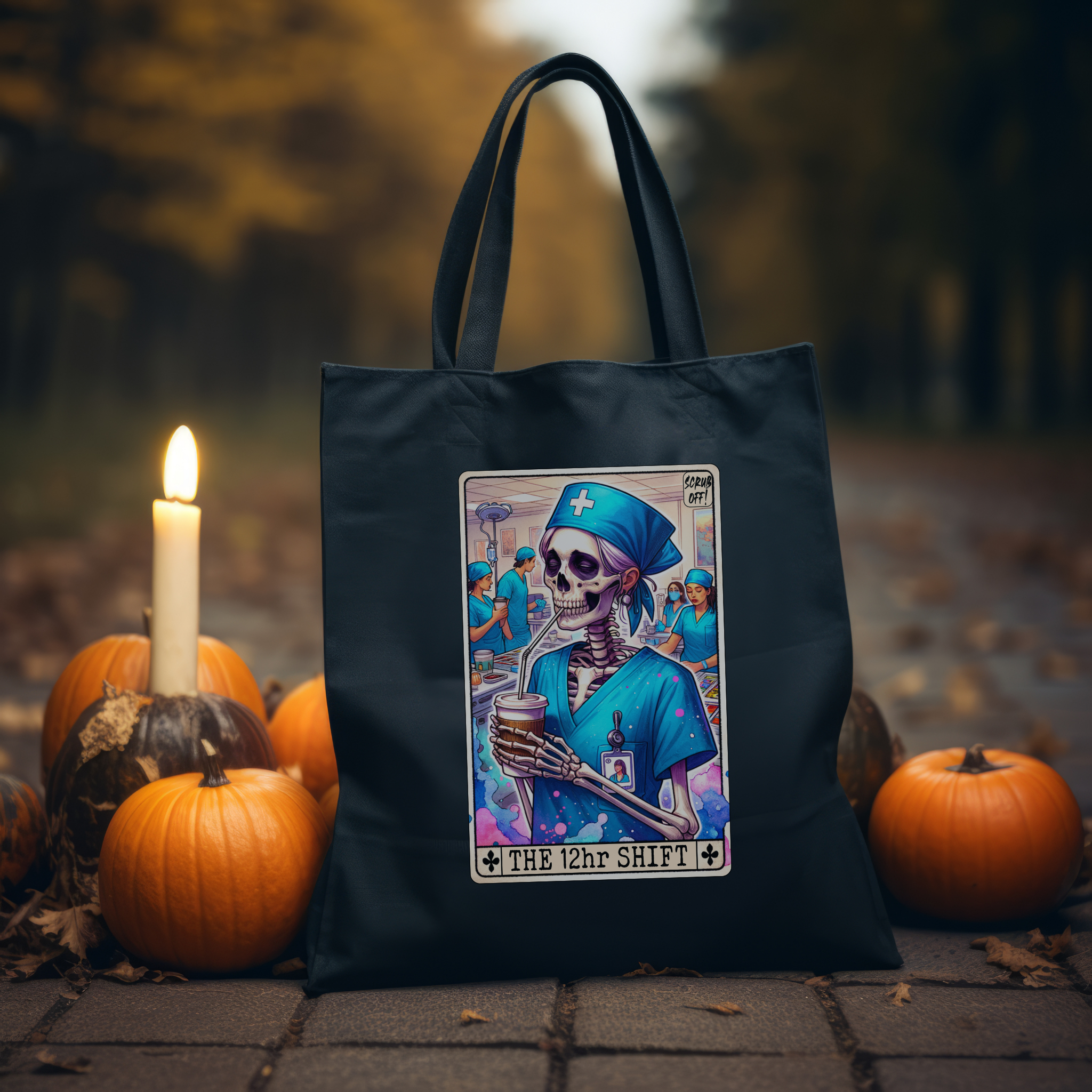 The 12hr Shift Nurse Skeleton Tote Bag – Dark Humor Medical Tote, Gothic Nurse Art Canvas Bag