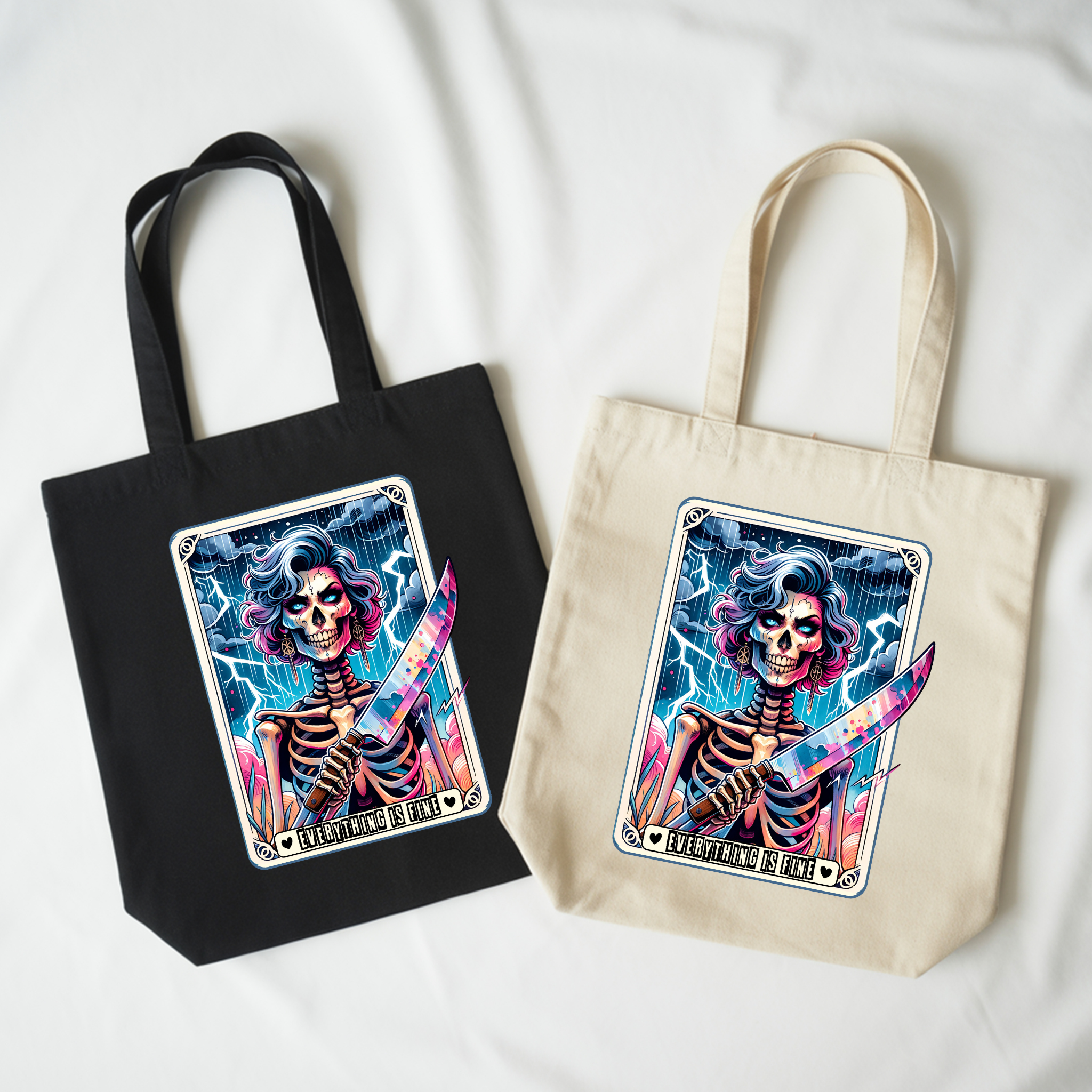 Everything Is Fine Skeleton Tote Bag – Dark Humor Gothic Canvas Tote, Sarcastic Horror Art Carryall product thumbnail image