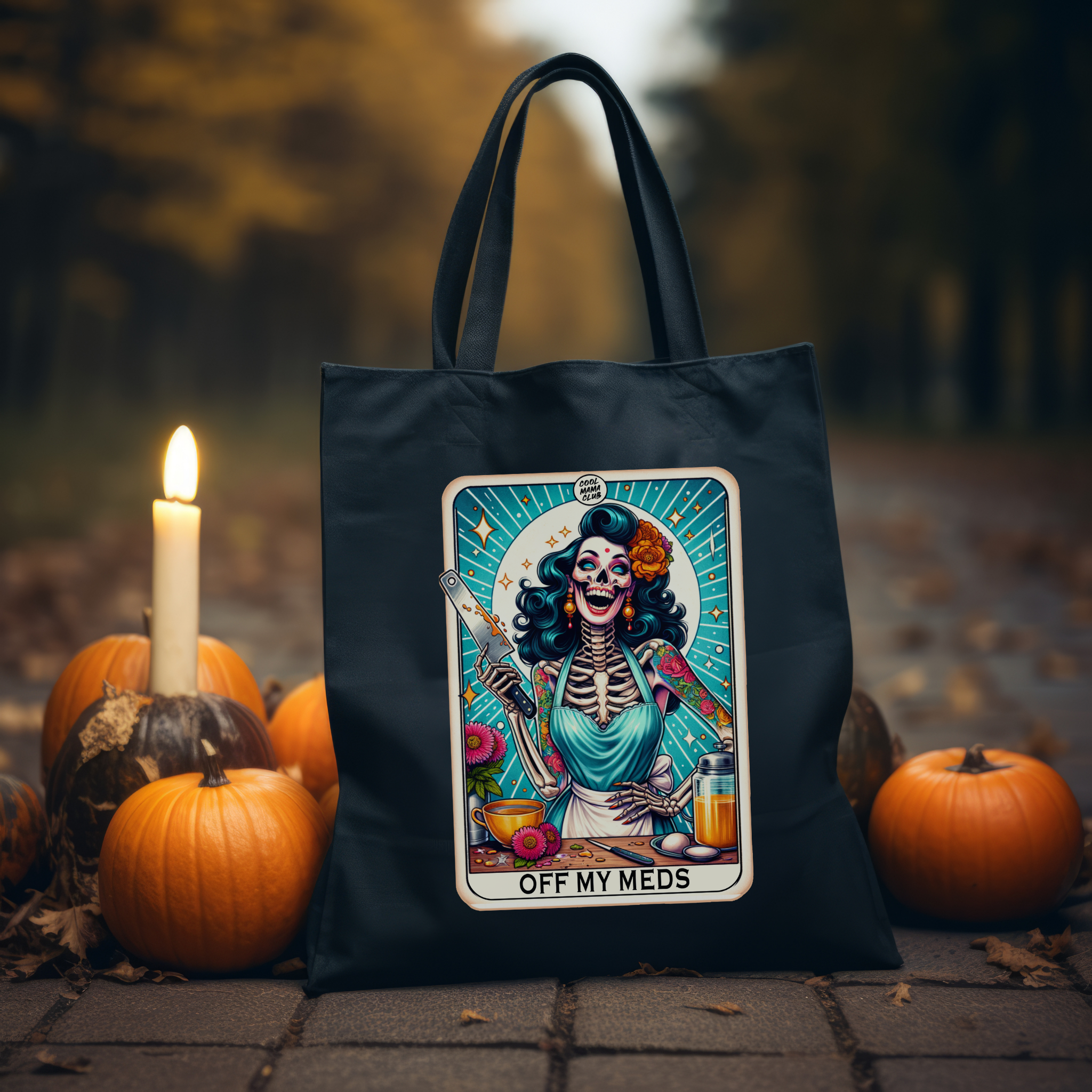 Off My Meds Tote Bag – Sarcastic Skeleton Kitchen Canvas Tote, Dark Humor Mental Health Carryall for Chaos Lovers product thumbnail image