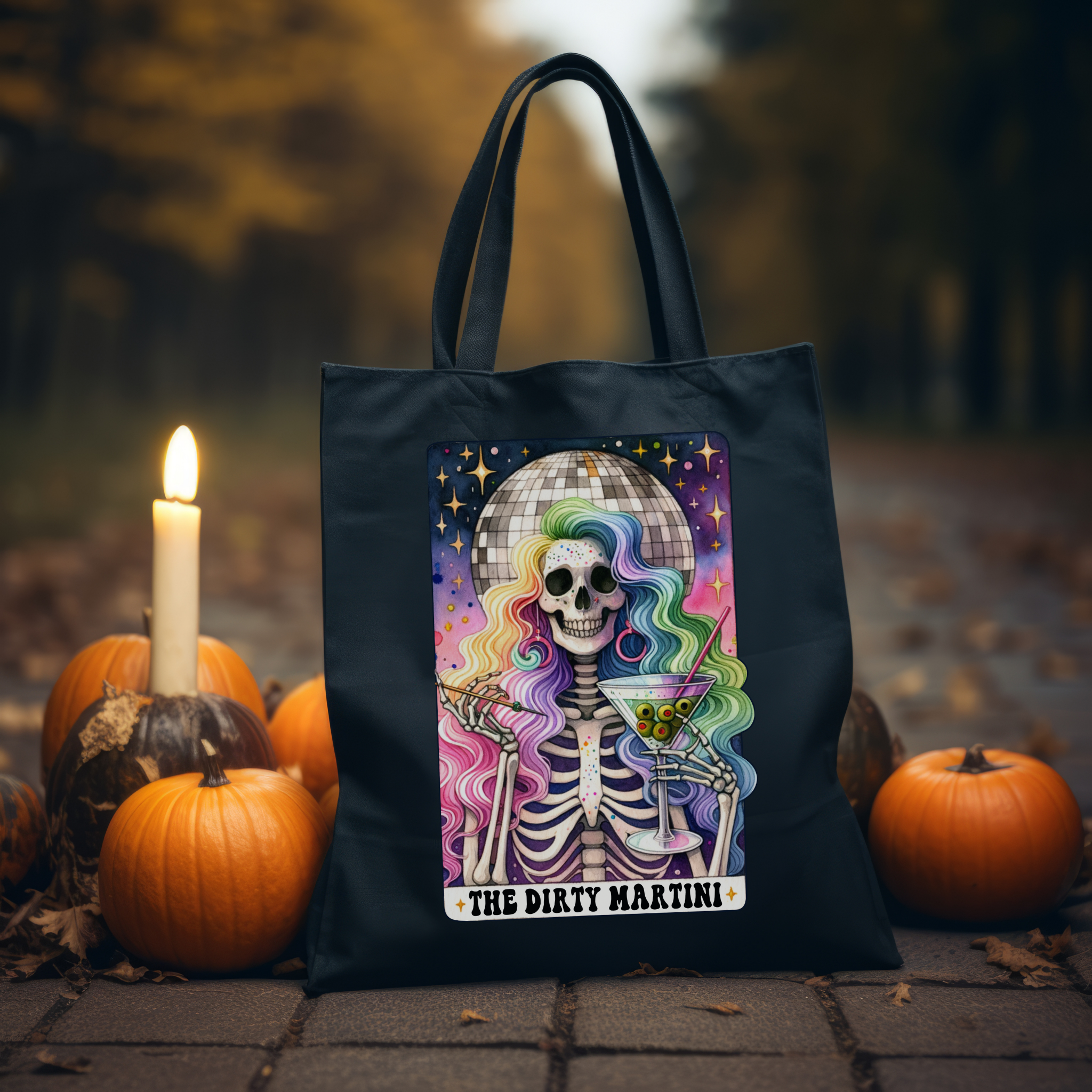 The Dirty Martini Tote Bag – Sarcastic Skeleton Disco Canvas Tote, Dark Humor Cocktail Carryall for Chaos Lovers