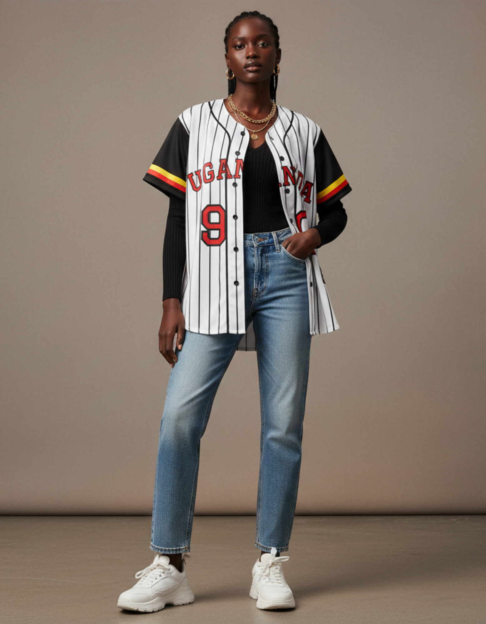 Uganda Pinstripe Baseball Jersey — Women's Custom Team Shirt product thumbnail image Uganda Pinstripe Baseball Jersey — Women's Custom Team Shirt product thumbnail image