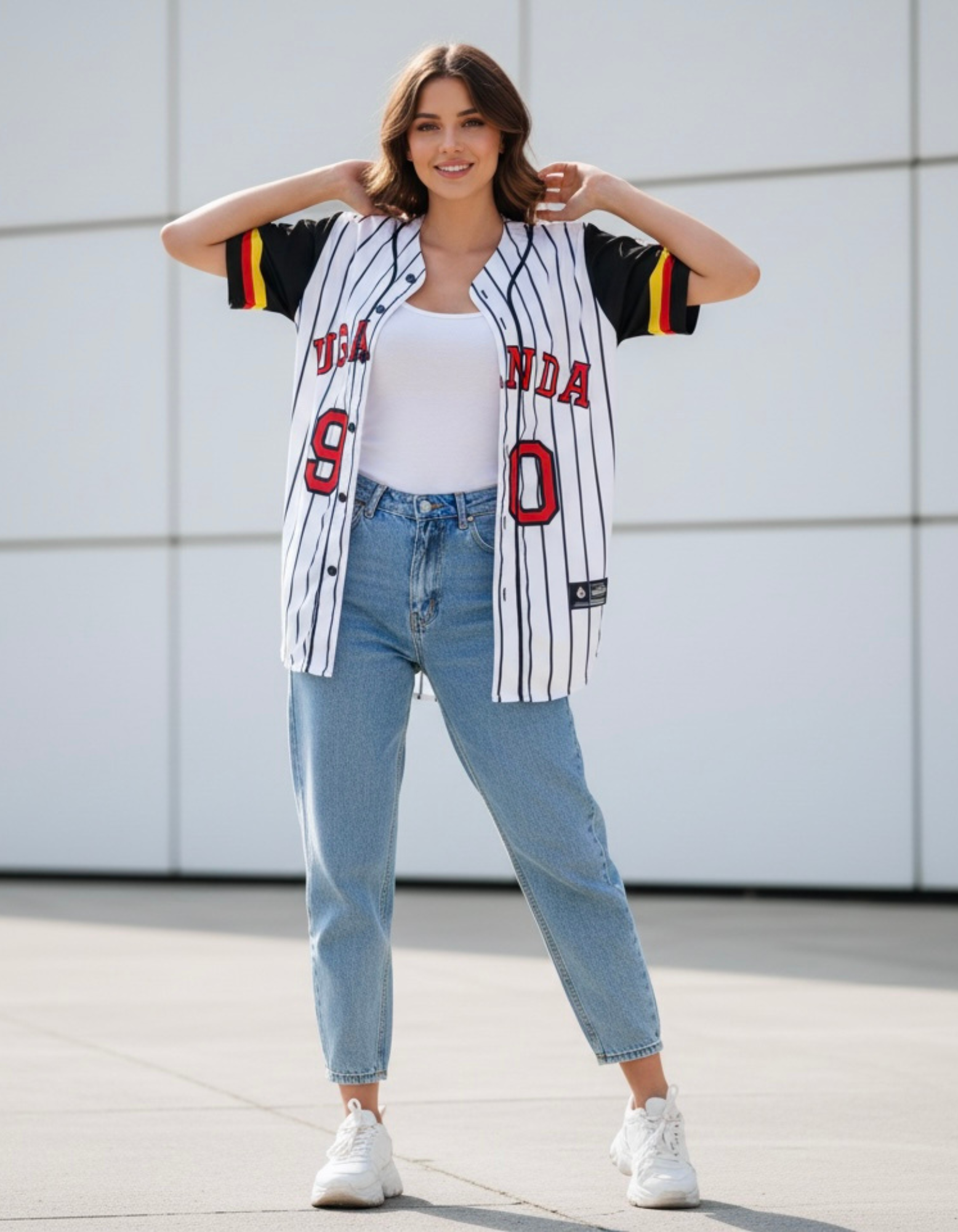 Uganda Pinstripe Baseball Jersey — Women's Custom Team Shirt product thumbnail image Uganda Pinstripe Baseball Jersey — Women's Custom Team Shirt product thumbnail image