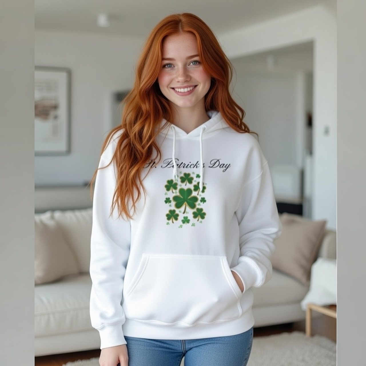 St. Patrick’s Day Shamrock Hoodie – Relaxed Garment-Dyed Pullover | Glittering Clover Graphic Sweatshirt product thumbnail image