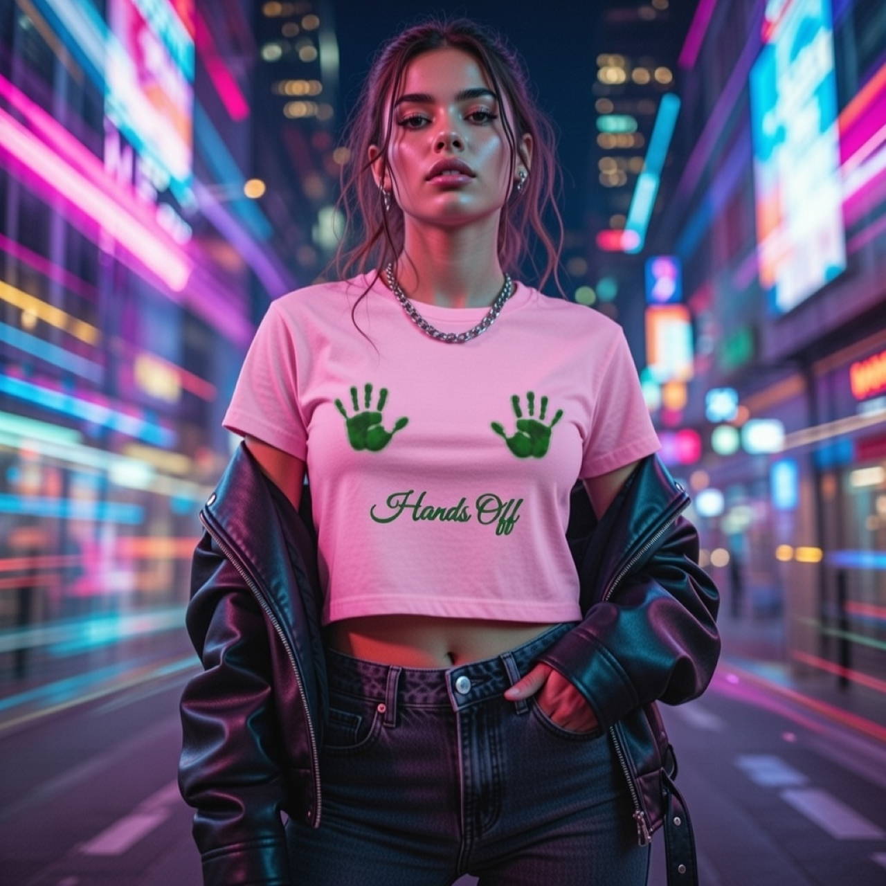 Hands Off Women’s Baby Tee – Organic Cotton Cropped Graphic T-Shirt with Green Handprints