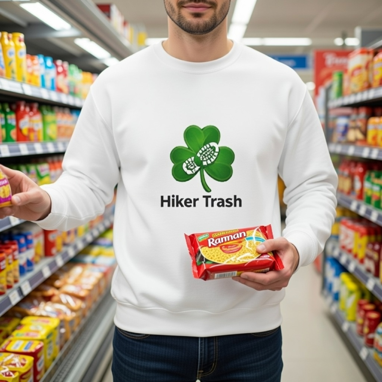 Hiker Trash Shamrock Sweatshirt – Garment-Dyed Hiking Crewneck with Clover Trail Graphic product thumbnail image Hiker Trash Shamrock Sweatshirt – Garment-Dyed Hiking Crewneck with Clover Trail Graphic product thumbnail image