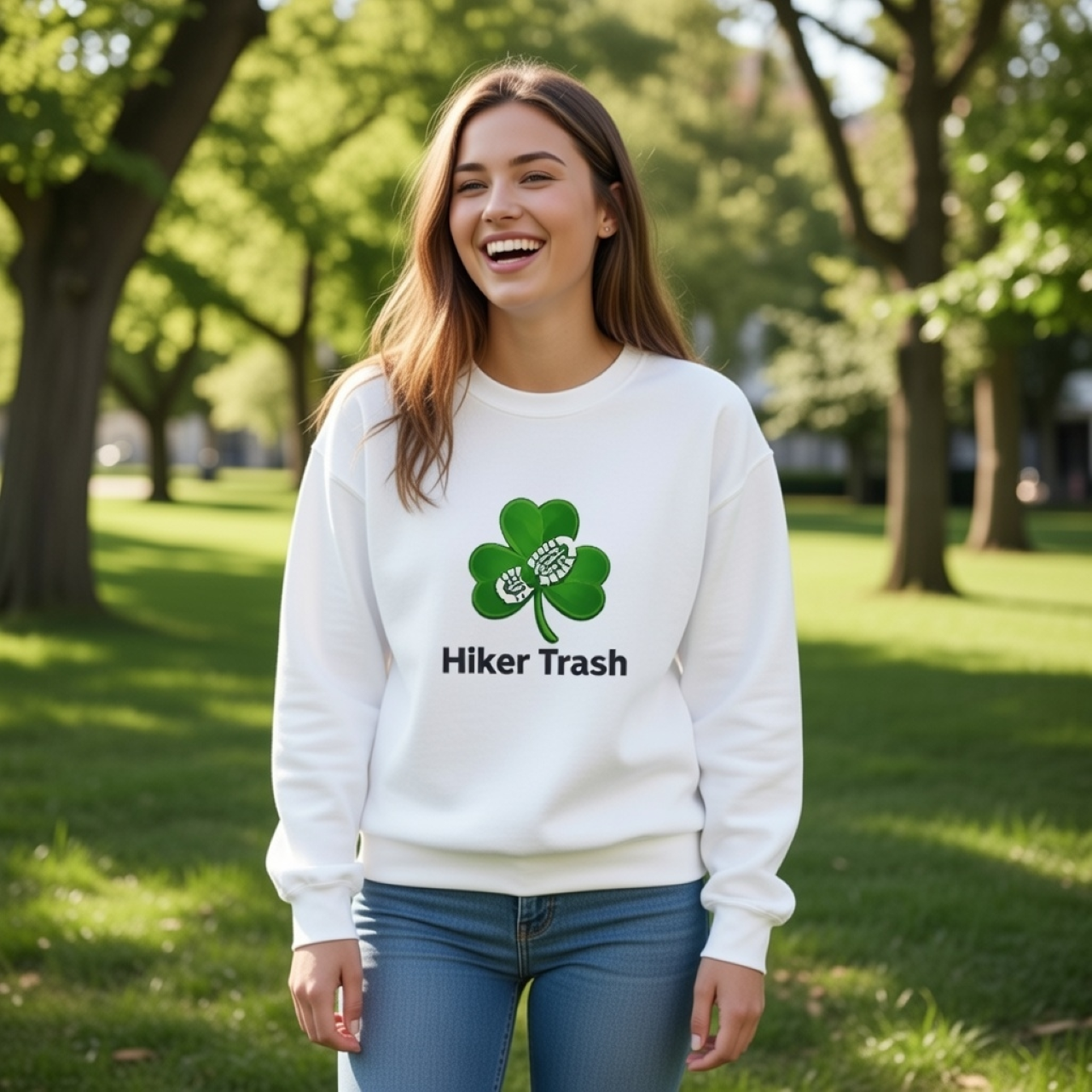 Hiker Trash Shamrock Sweatshirt – Garment-Dyed Hiking Crewneck with Clover Trail Graphic product thumbnail image