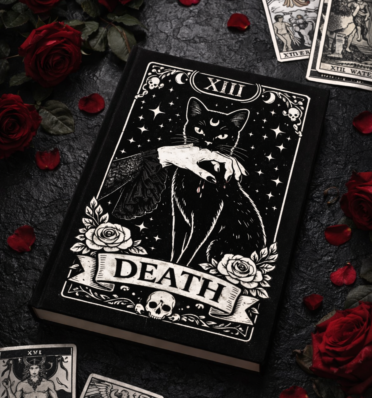 Death Tarot Cat Hardcover Journal — Gothic Black Notebook with 'Death' Banner