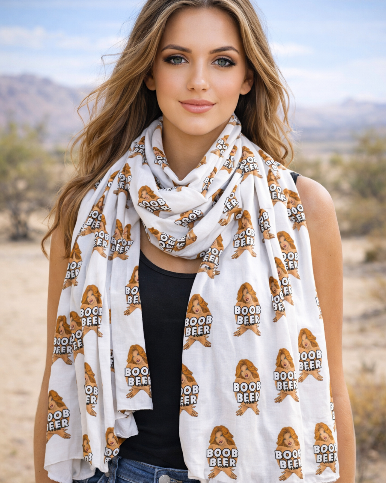 Minimalist White Scarf with Repeating Boob Beer Pattern — Novelty Cozy Accessory product thumbnail image Minimalist White Scarf with Repeating Boob Beer Pattern — Novelty Cozy Accessory product thumbnail image