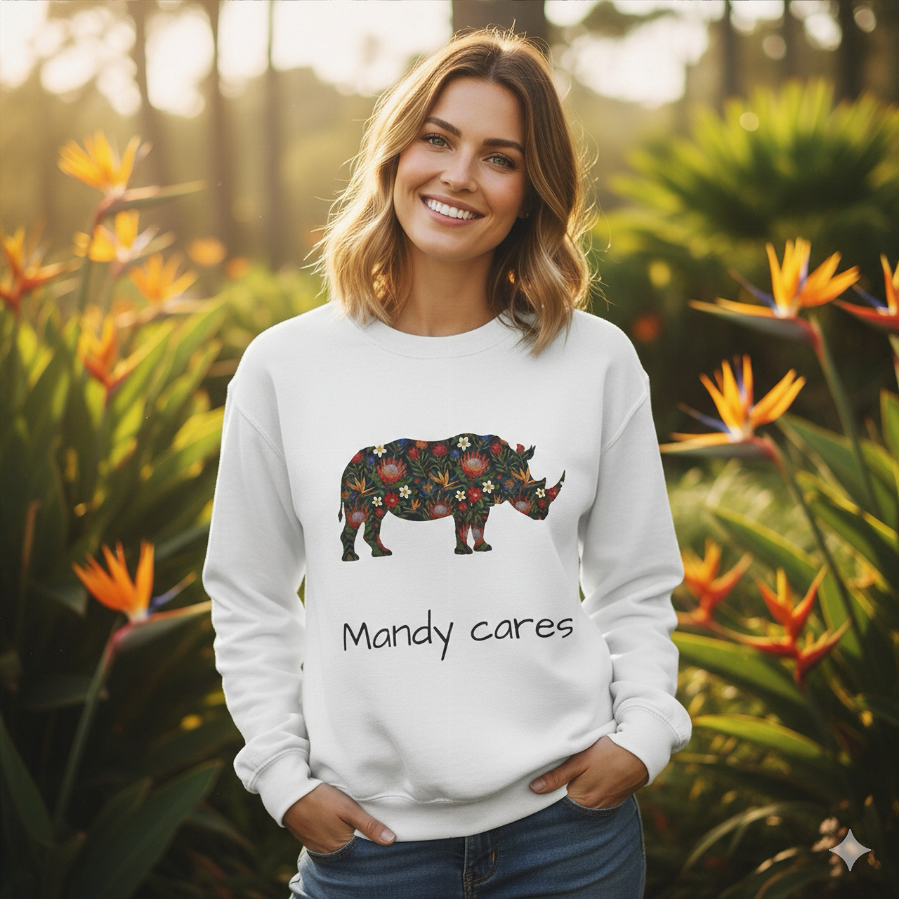 Floral Rhino Crewneck Sweatshirt - Botanical Animal Graphic Pullover