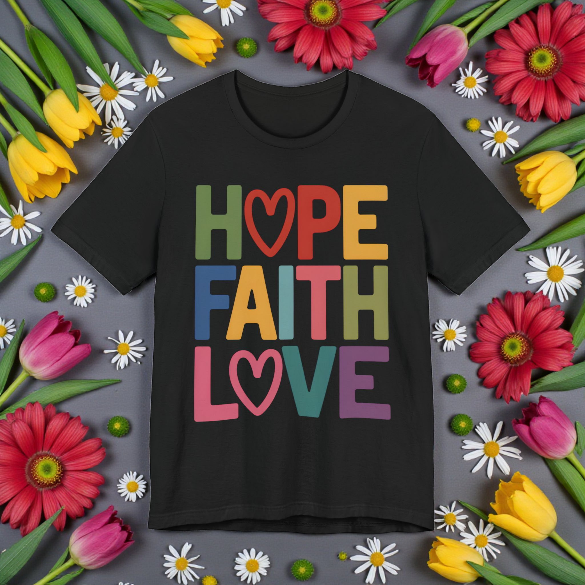 Hope Faith Love T-Shirt — Colorful Heart Block Letter Tee