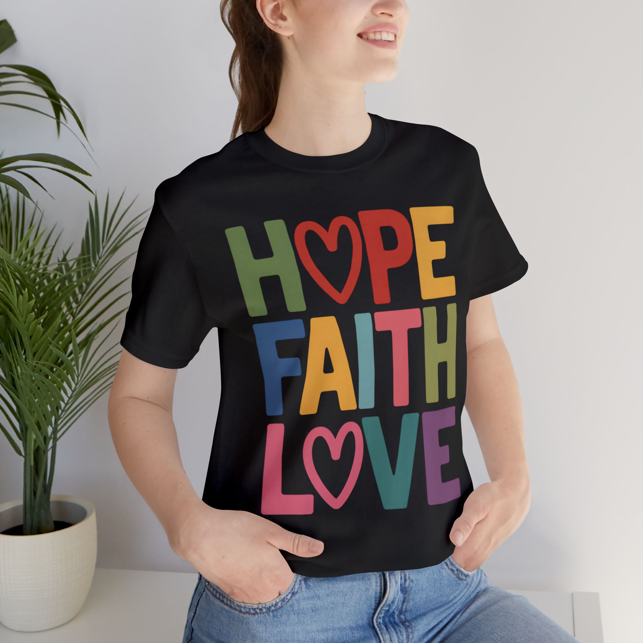 Hope Faith Love T-Shirt — Colorful Heart Block Letter Tee product thumbnail image Hope Faith Love T-Shirt — Colorful Heart Block Letter Tee product thumbnail image