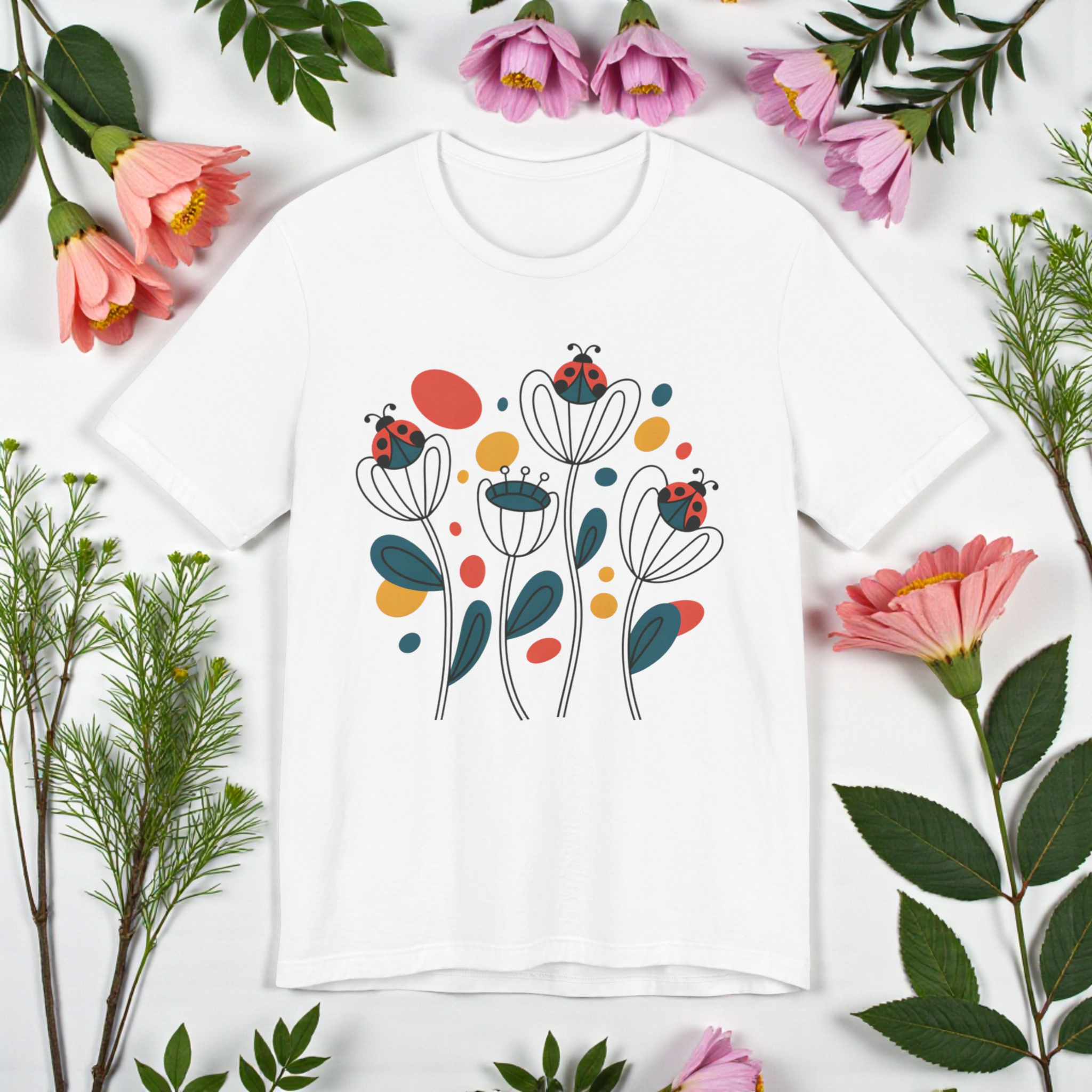 Ladybug Floral T-Shirt — Minimalist Spring Garden Tee product thumbnail image Ladybug Floral T-Shirt — Minimalist Spring Garden Tee product thumbnail image