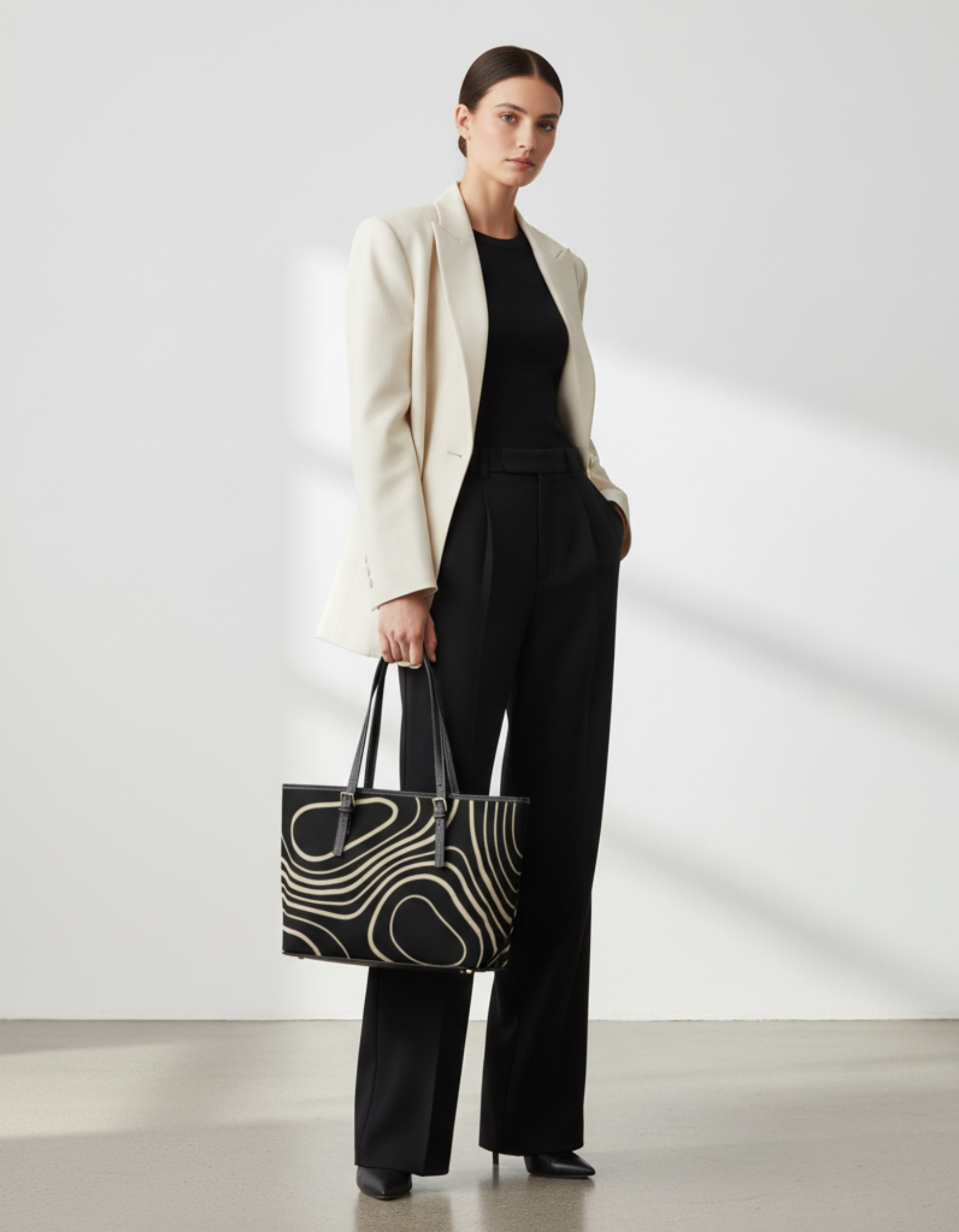 Leather Shoulder Bag — Black & Beige Swirl Tote product thumbnail image Leather Shoulder Bag — Black & Beige Swirl Tote product thumbnail image