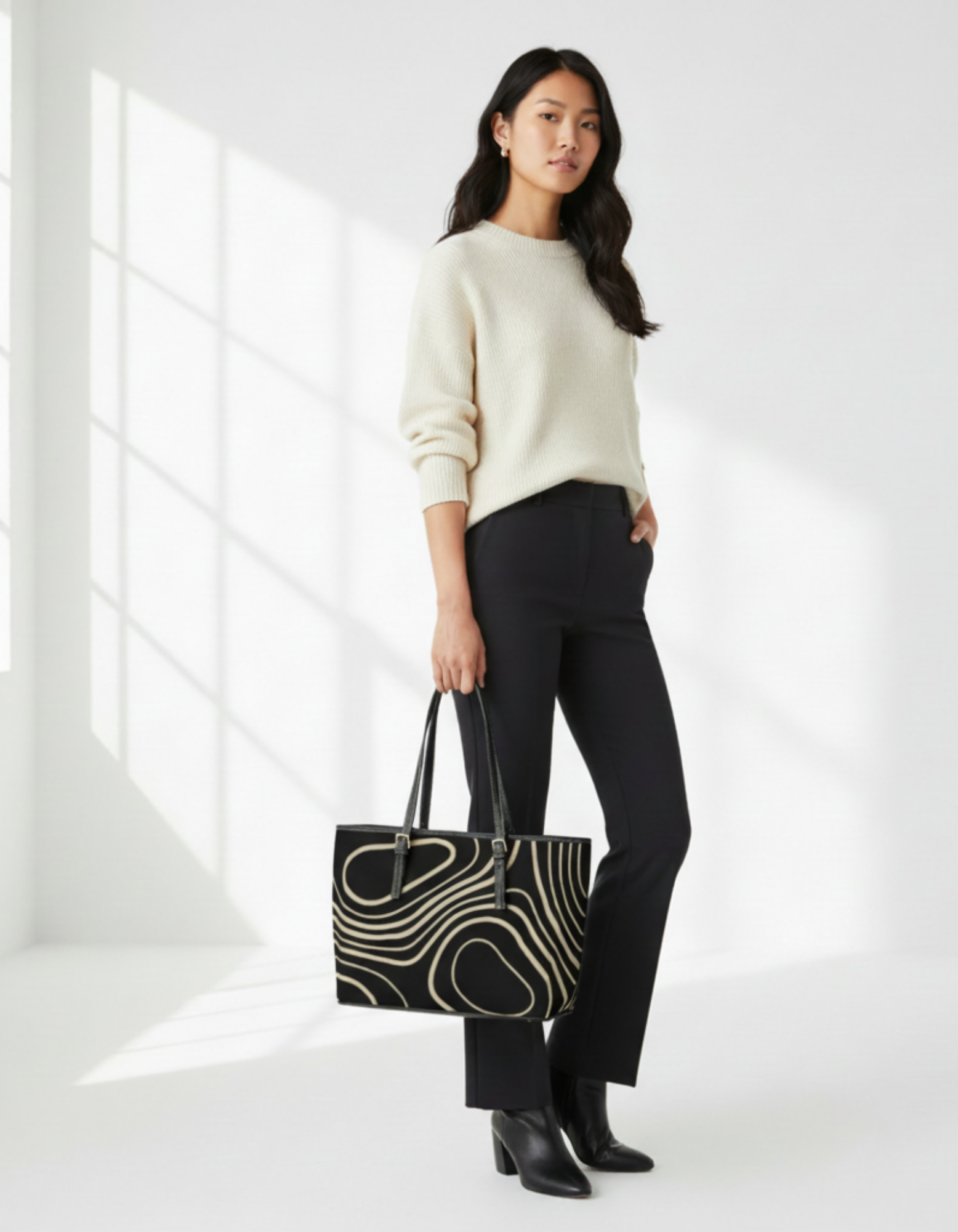 Leather Shoulder Bag — Black & Beige Swirl Tote product thumbnail image Leather Shoulder Bag — Black & Beige Swirl Tote product thumbnail image
