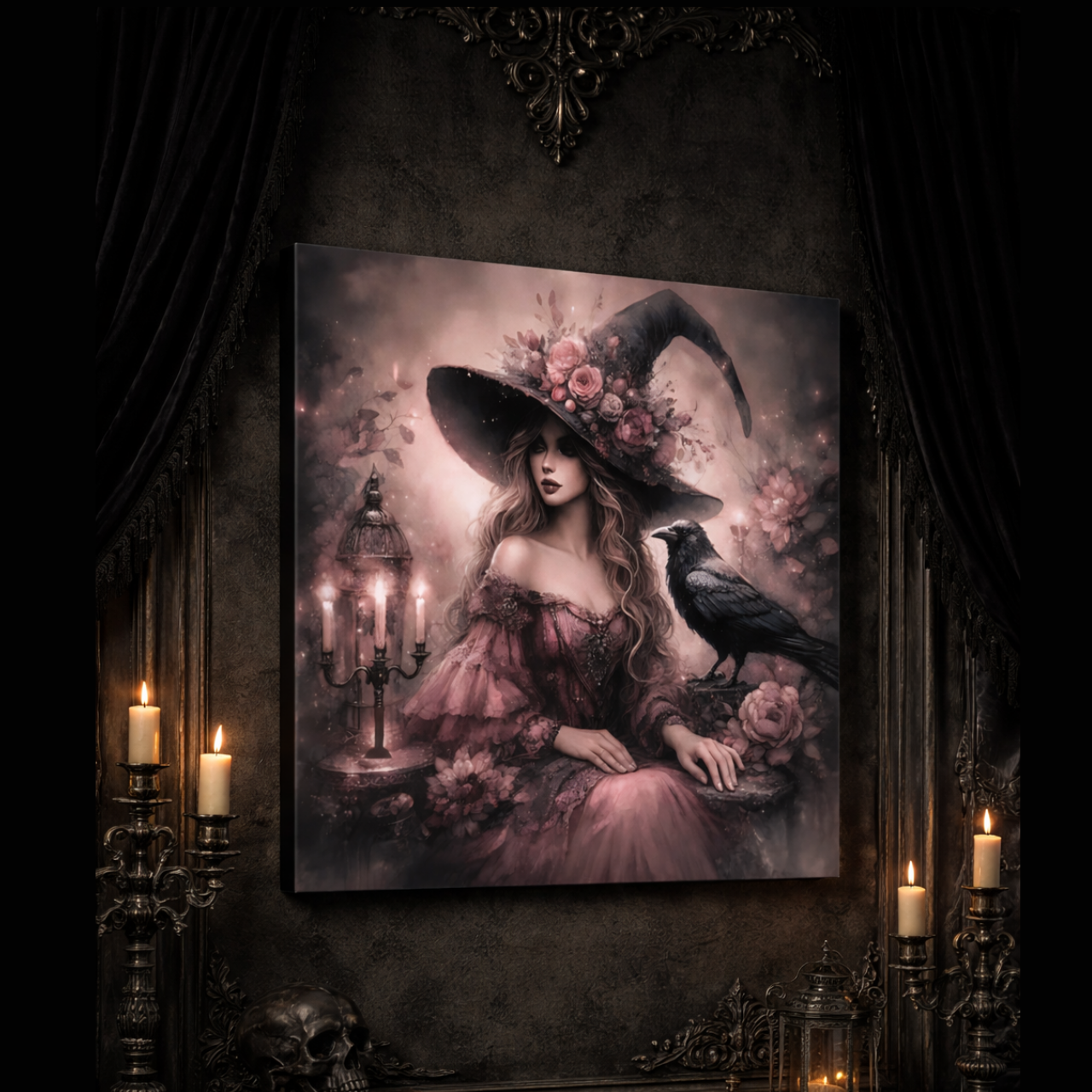 Gothic Witch with Raven Matte Canvas Wall Art — Floral Witchy Spell Decor product thumbnail image Gothic Witch with Raven Matte Canvas Wall Art — Floral Witchy Spell Decor product thumbnail image