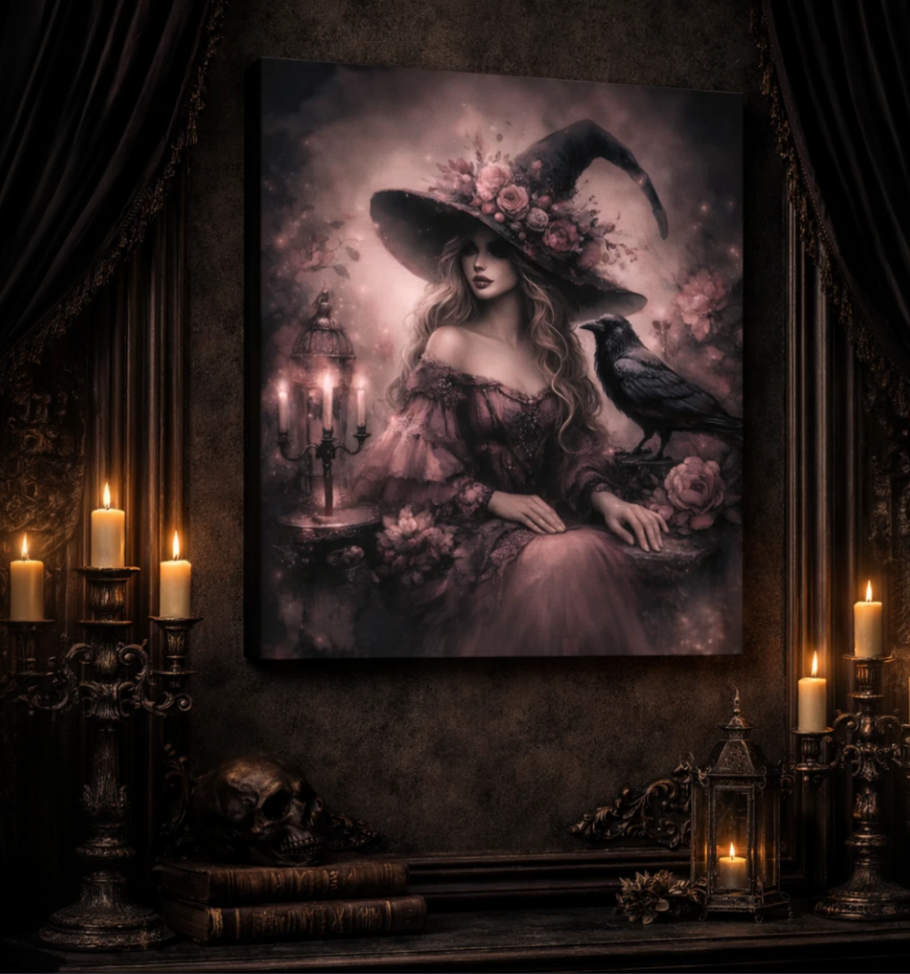 Gothic Witch with Raven Matte Canvas Wall Art — Floral Witchy Spell Decor
