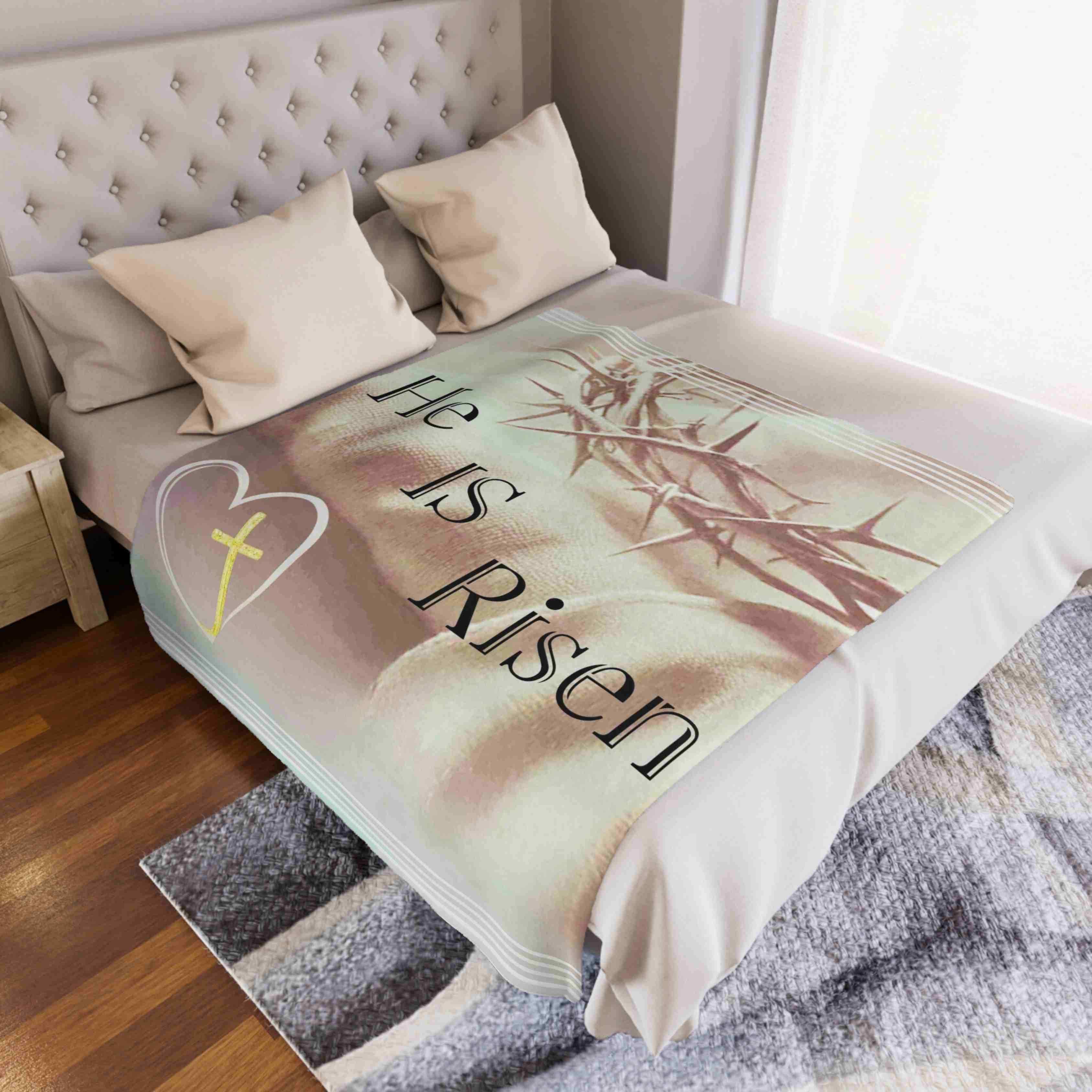 Minky Blanket "HE IS RISEN" Easter, Birthday, Baptism, or Just Because Gift product thumbnail image Minky Blanket "HE IS RISEN" Easter, Birthday, Baptism, or Just Because Gift product thumbnail image