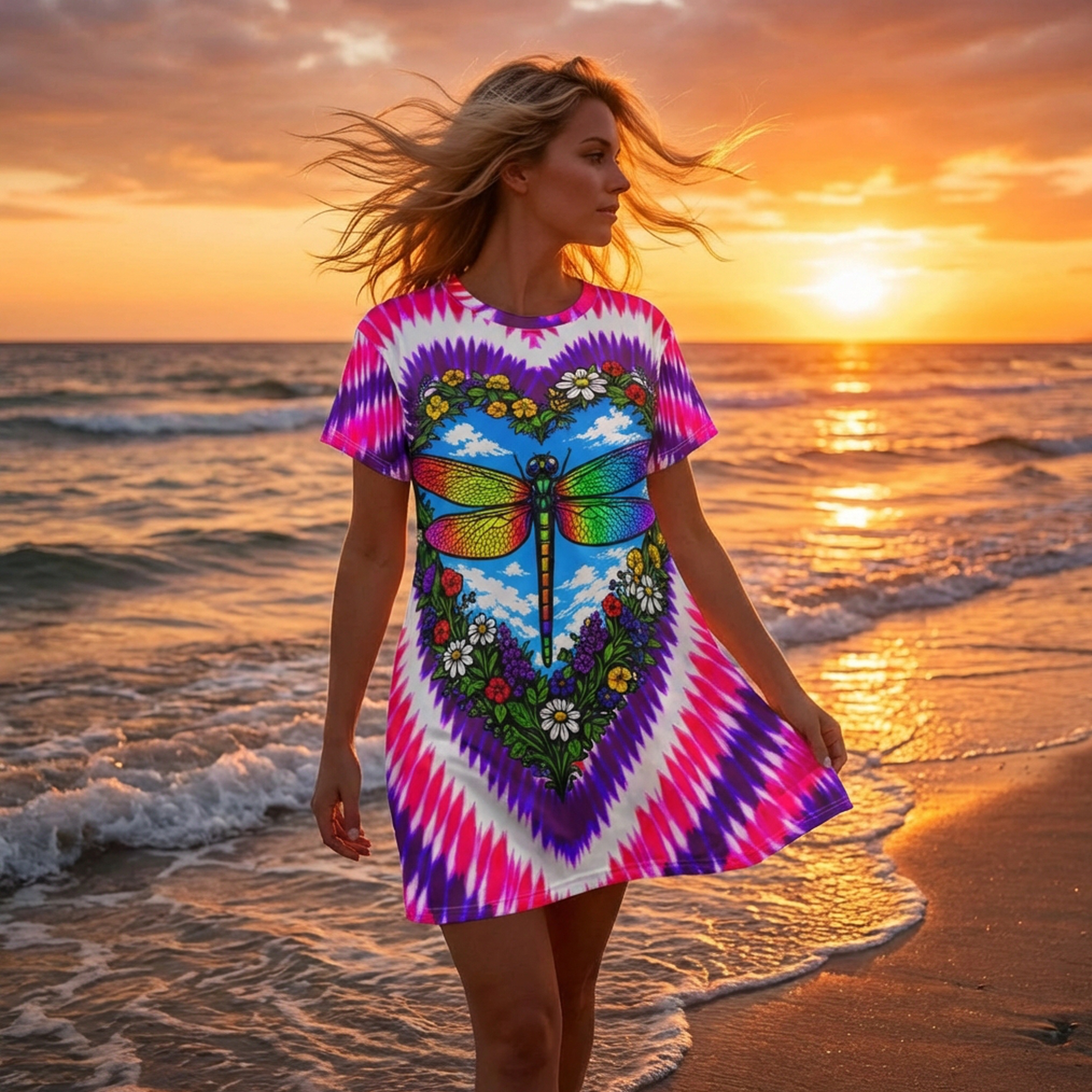 Tie-Dye Dragonfly Heart T-Shirt Dress — Floral Psychedelic AOP Print product thumbnail image