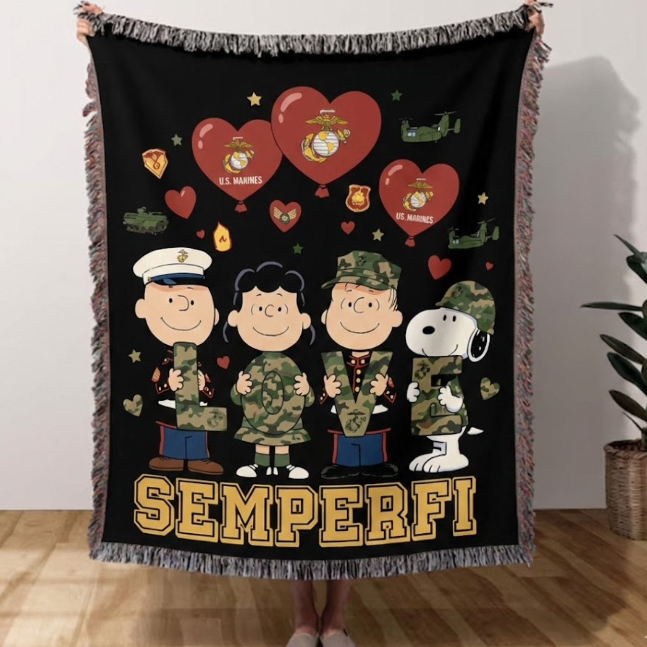Personalized USMC The Gang "Semper Fi" Woven Tapestry Blanket – Marine Corps Vintage cartoon Throw – Military Homecoming, Veteran &amp; Graduation Gift