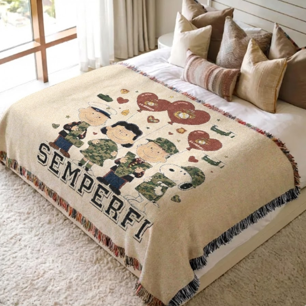 Personalized USMC The Gang "Semper Fi" Woven Tapestry Blanket – Marine Corps Vintage cartoon Throw – Military Homecoming, Veteran &amp; Graduation Gift product thumbnail image