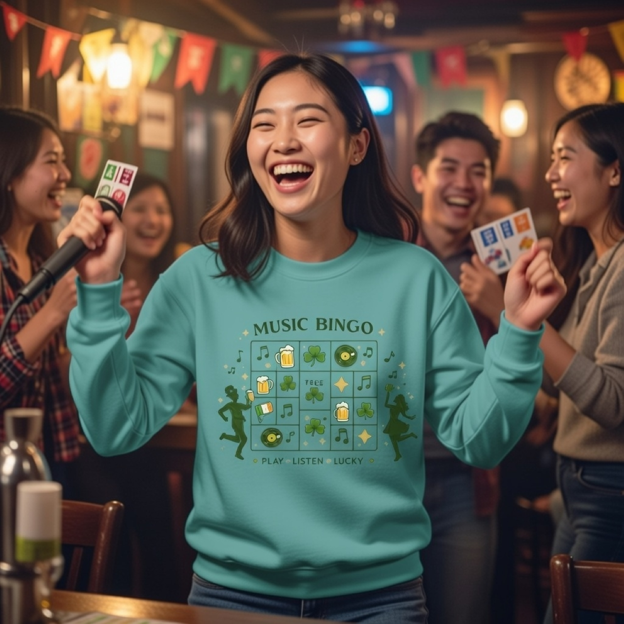 Music Bingo “Play. Listen. Lucky.” Sweatshirt – Minimalist St. Patrick’s Day Graphic Pullover product thumbnail image