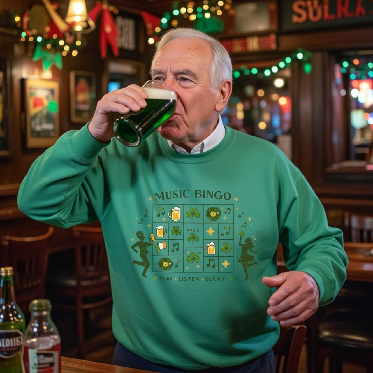 Music Bingo “Play. Listen. Lucky.” Sweatshirt – Minimalist St. Patrick’s Day Graphic Pullover product thumbnail image Music Bingo “Play. Listen. Lucky.” Sweatshirt – Minimalist St. Patrick’s Day Graphic Pullover product thumbnail image