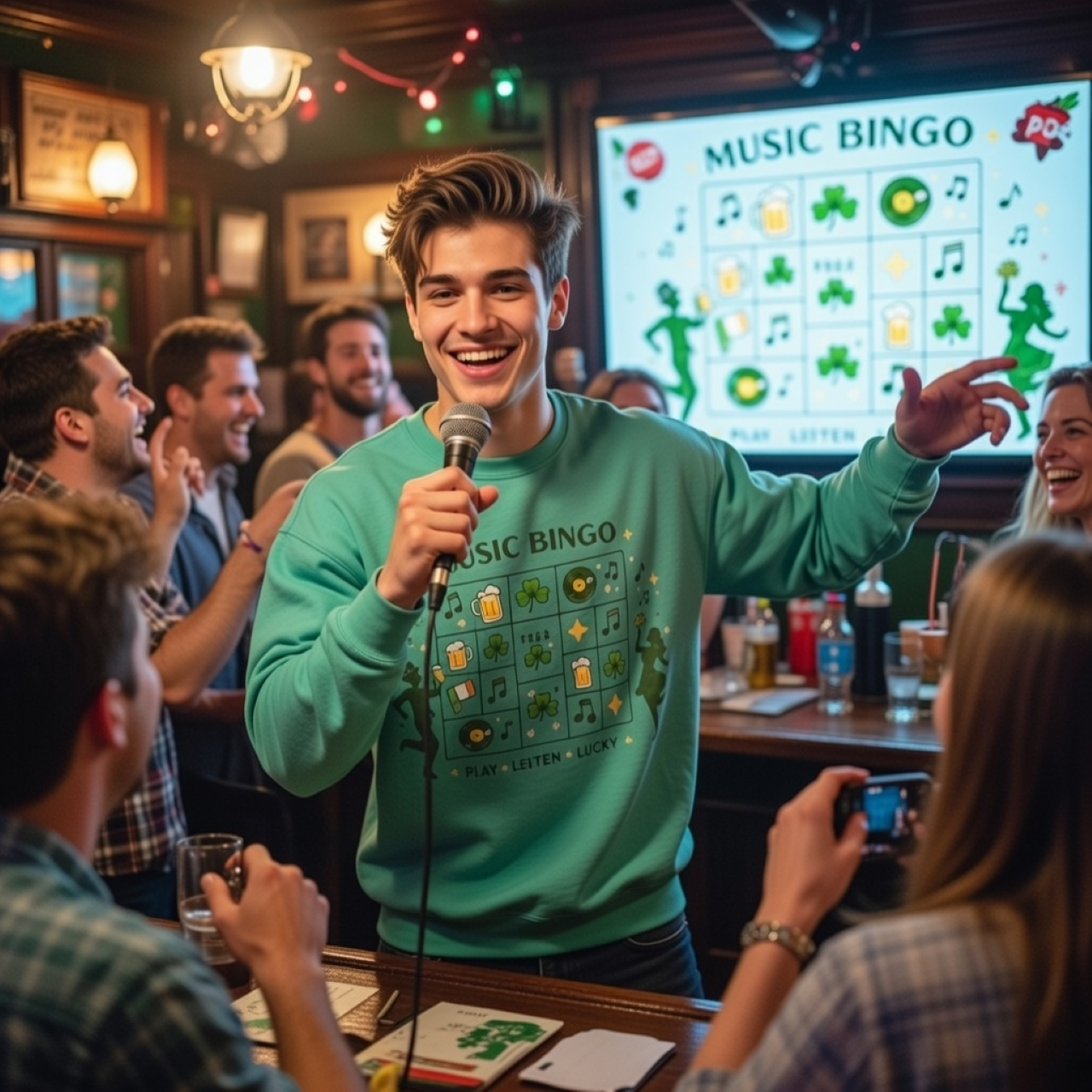 Music Bingo “Play. Listen. Lucky.” Sweatshirt – Minimalist St. Patrick’s Day Graphic Pullover product thumbnail image Music Bingo “Play. Listen. Lucky.” Sweatshirt – Minimalist St. Patrick’s Day Graphic Pullover product thumbnail image