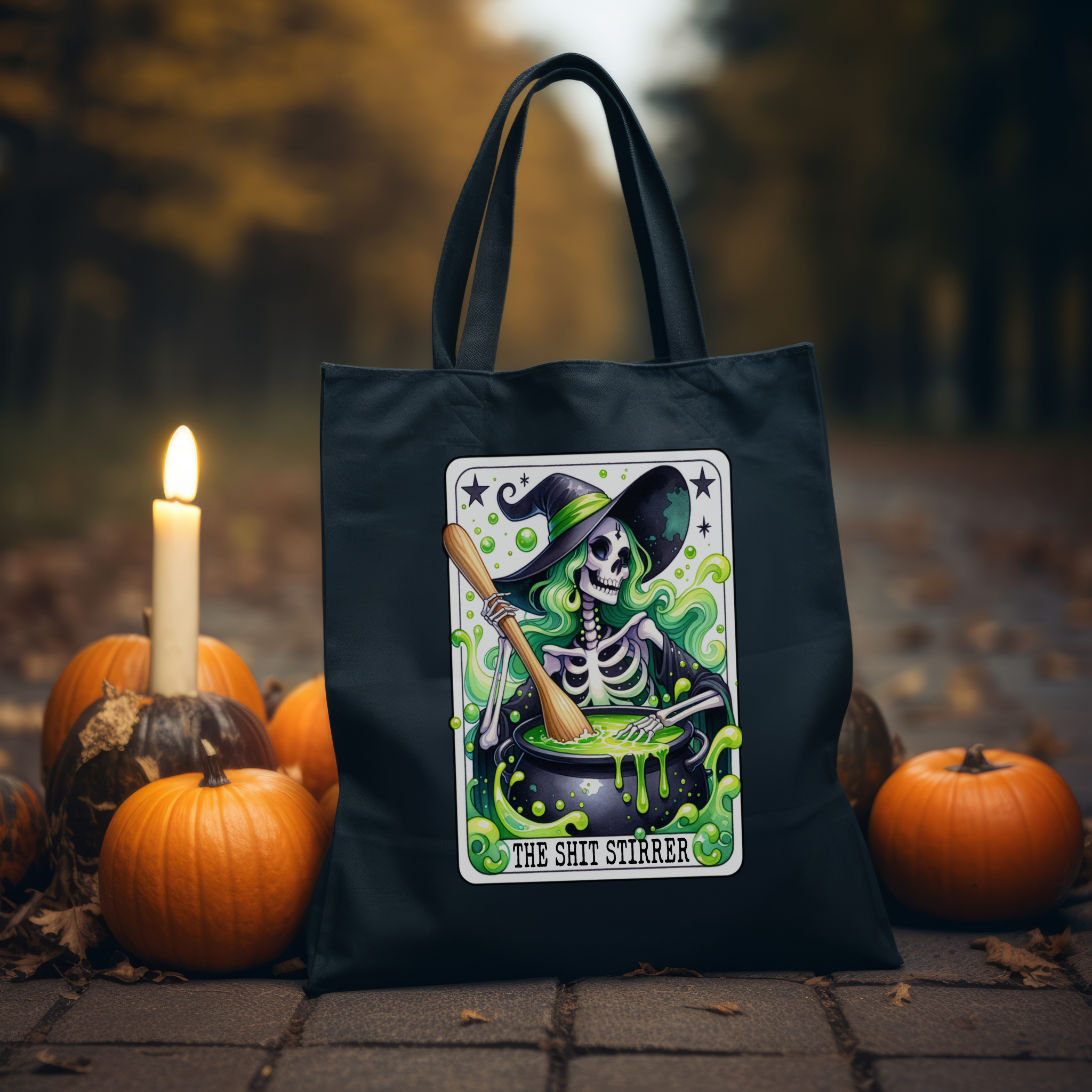 The Shit Stirrer Witch Skeleton Tote Bag – Dark Humor Gothic Witch Canvas Tote, Sarcastic Halloween Carryall