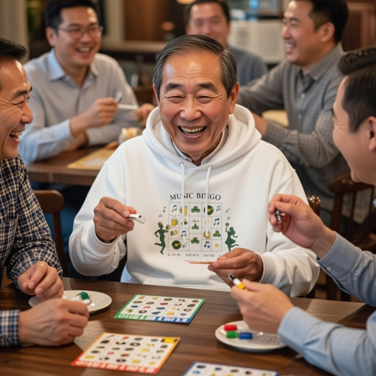 Music Bingo “Play. Listen. Lucky.” Hoodie – Minimalist St. Patrick’s Day Graphic Pullover product thumbnail image