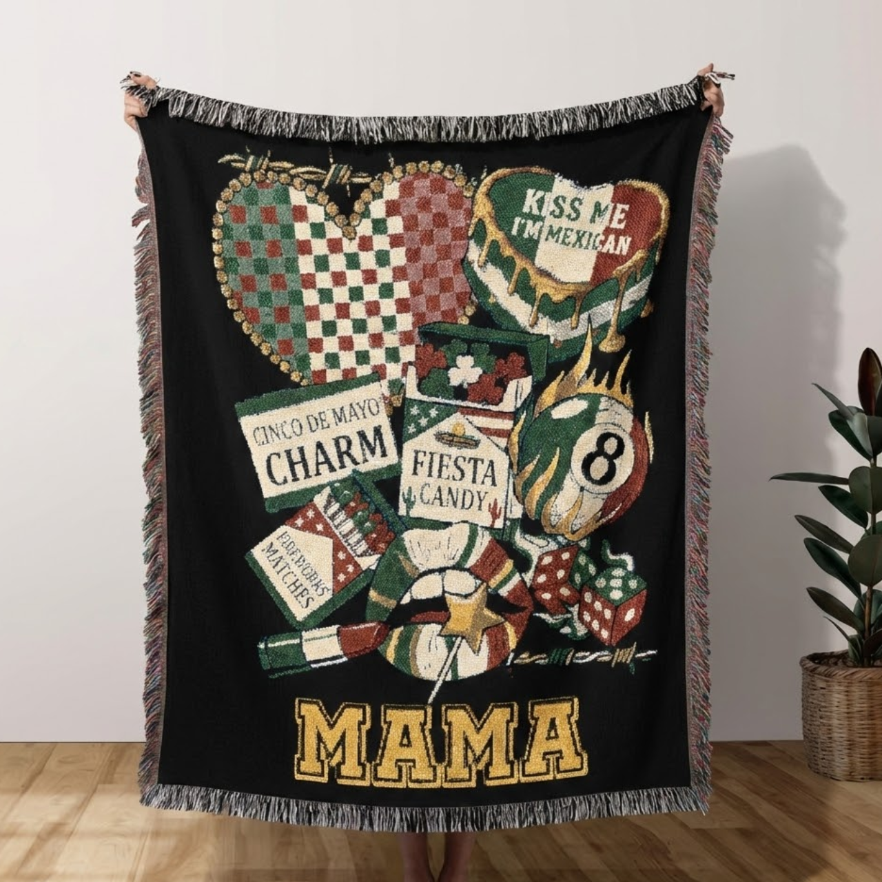 Cinco de Mayo Mama Woven Blanket | Mexican Heritage Throw with Flag Heart &amp; Loteria Style Art | Cool Mexican Mom Gift | Fiesta Decor Tapestry