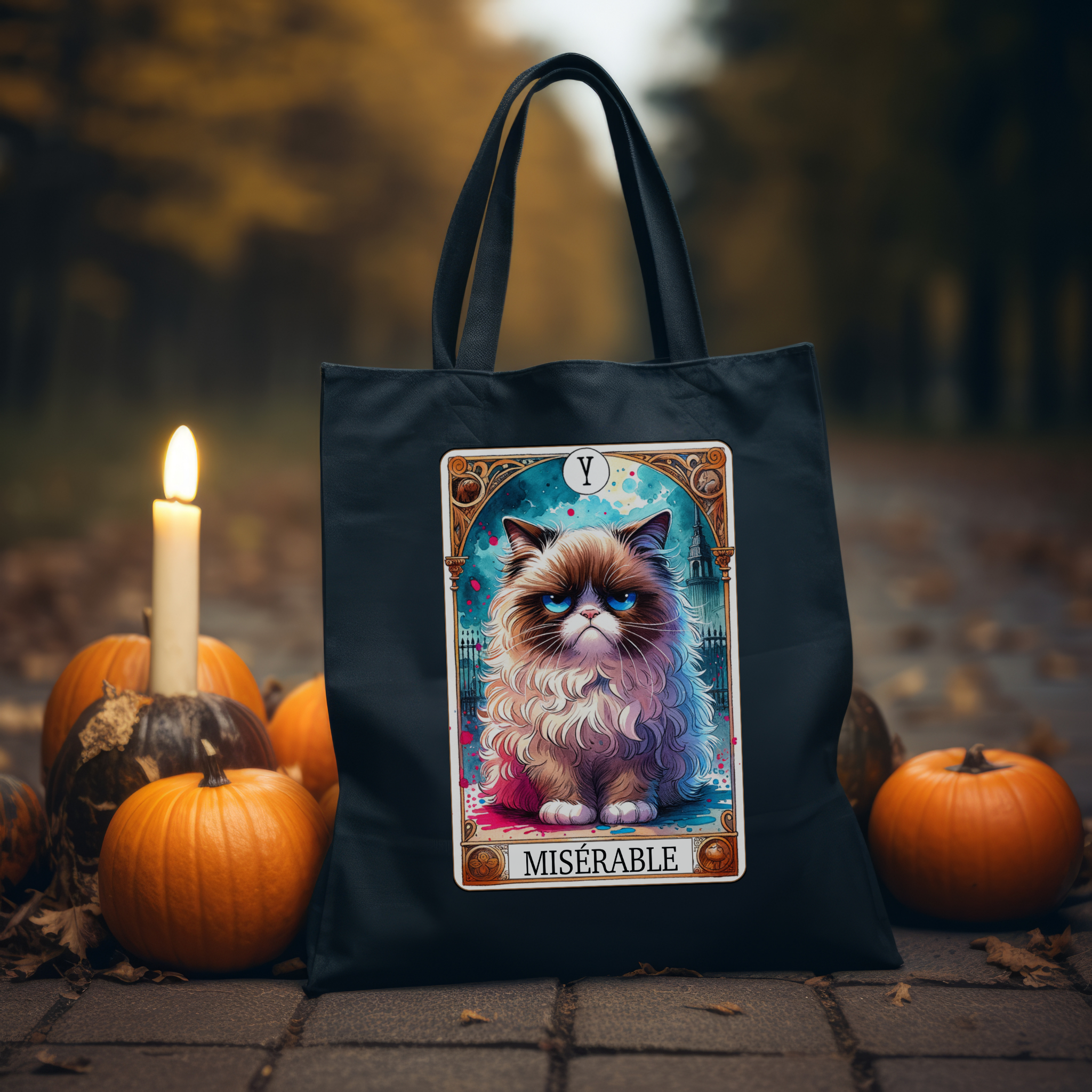 MiséRable Tarot Cat Tote Bag – Moody Mystic Cat Canvas Tote, Whimsical Gothic Tarot Carryall