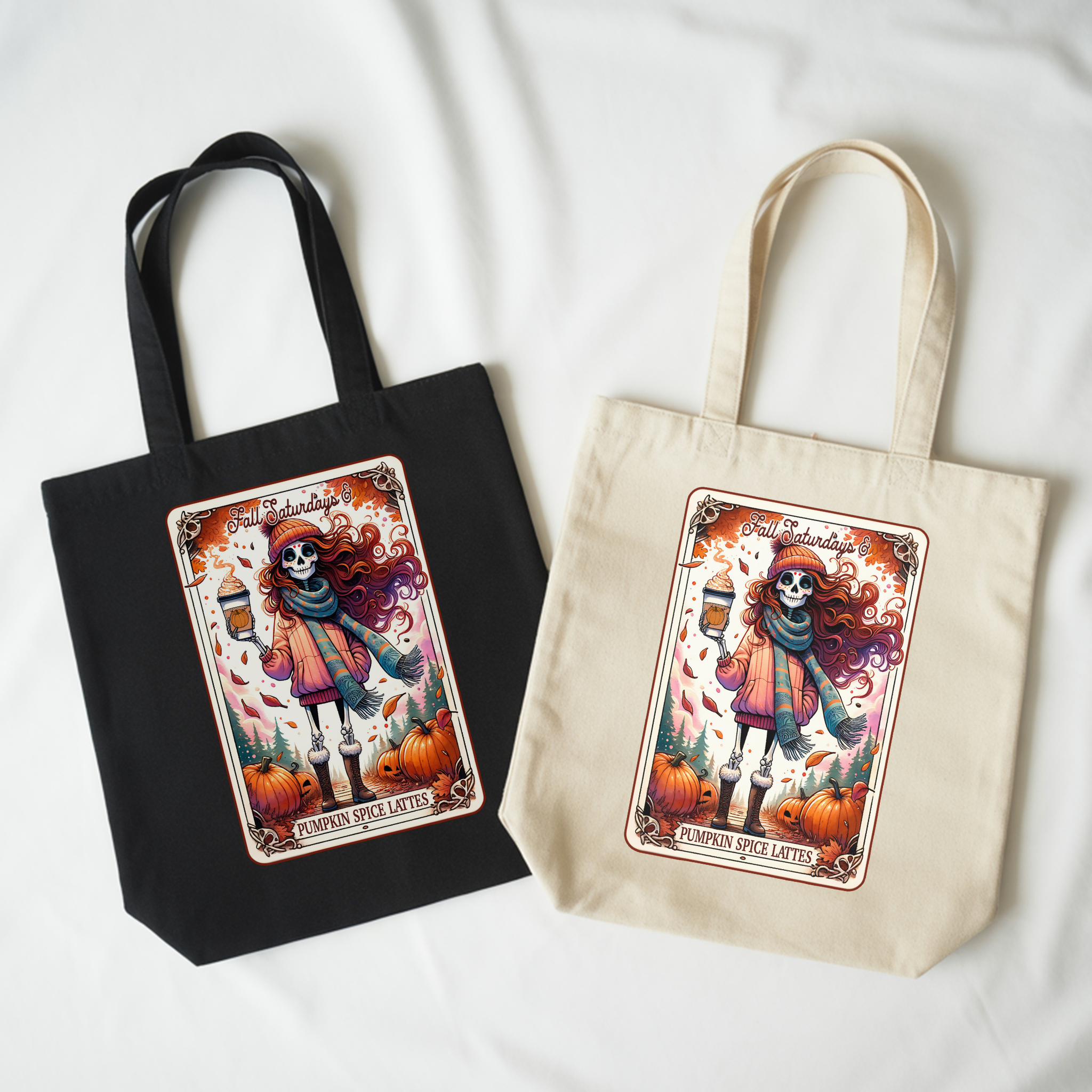 Fall Saturdays &amp; Pumpkin Spice Lattes Tote Bag – Autumn Skeleton Girl Tote, Cozy Spooky Fall Canvas Carryall product thumbnail image