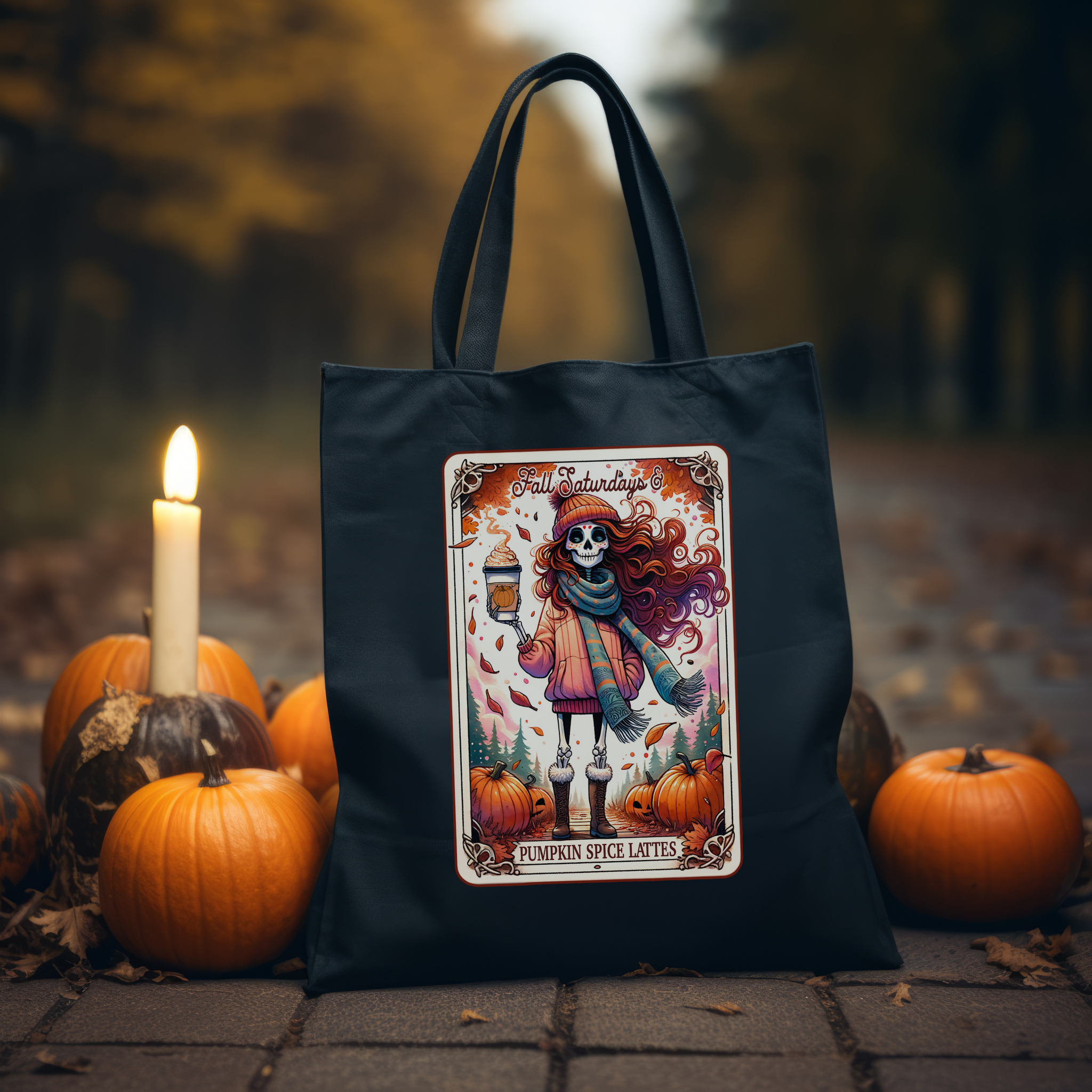 Fall Saturdays & Pumpkin Spice Lattes Tote Bag – Autumn Skeleton Girl Tote, Cozy Spooky Fall Canvas Carryall product thumbnail image Fall Saturdays & Pumpkin Spice Lattes Tote Bag – Autumn Skeleton Girl Tote, Cozy Spooky Fall Canvas Carryall product thumbnail image