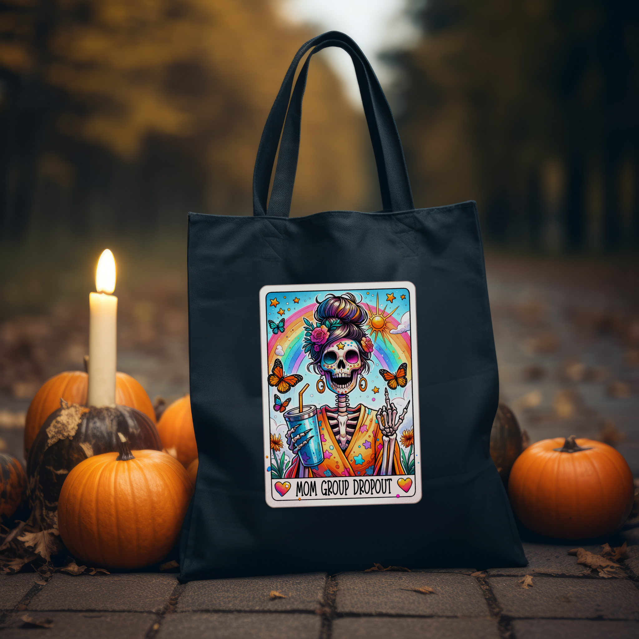 Mom Group Dropout Tote Bag – Rebellious Skeleton Mom Tote, Colorful Retro Chaos Canvas Carryall