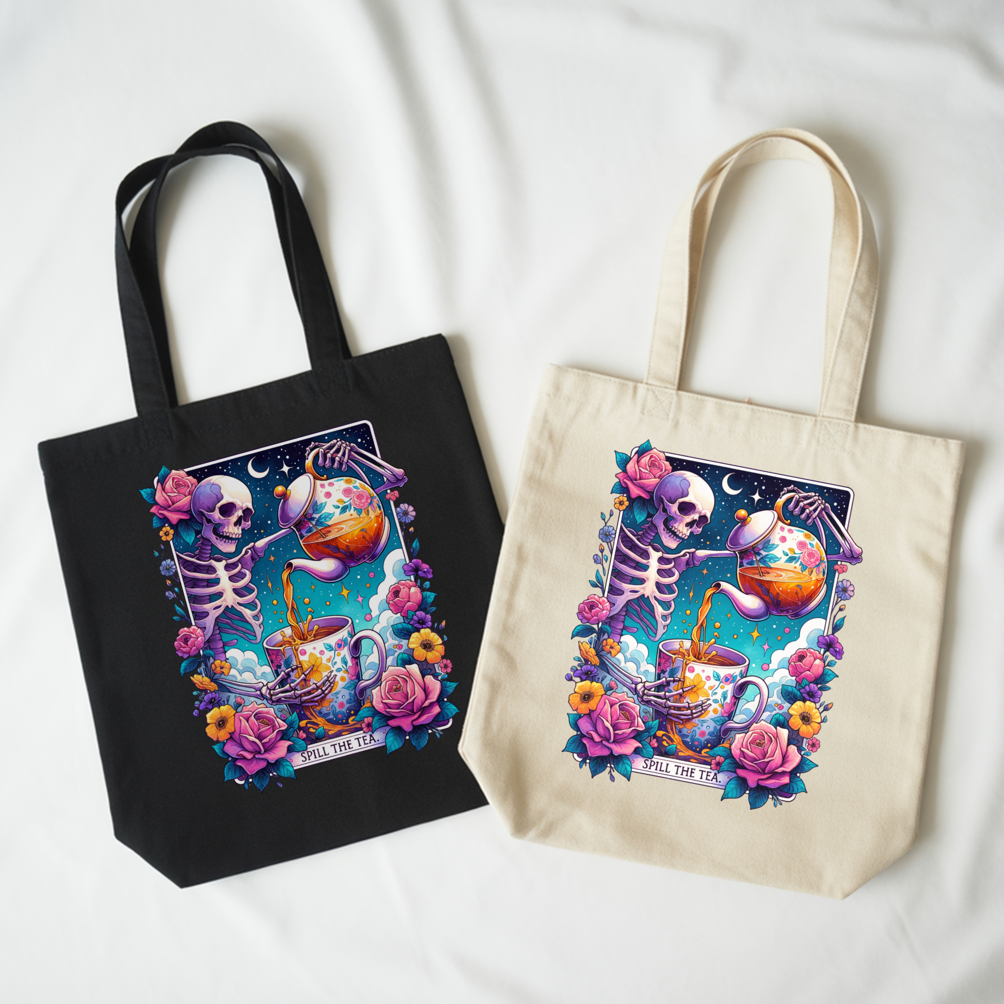 Spill the Tea Tote Bag – Skeleton Tea Time Tote, Whimsical Gossip Girl Canvas Carryall product thumbnail image
