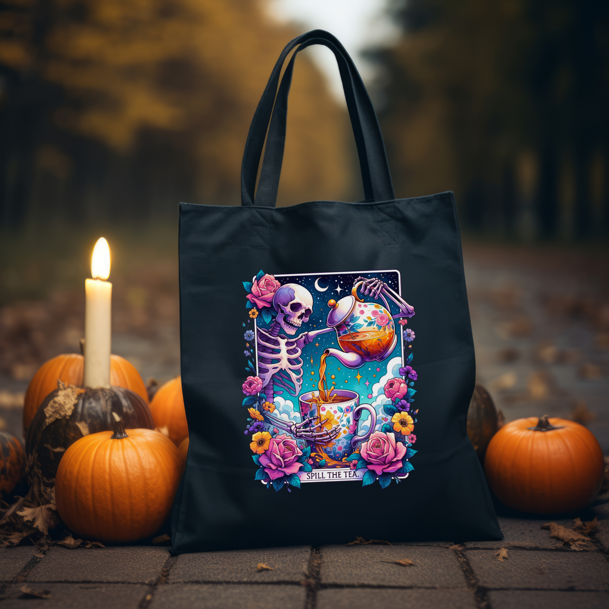 Spill the Tea Tote Bag – Skeleton Tea Time Tote, Whimsical Gossip Girl Canvas Carryall