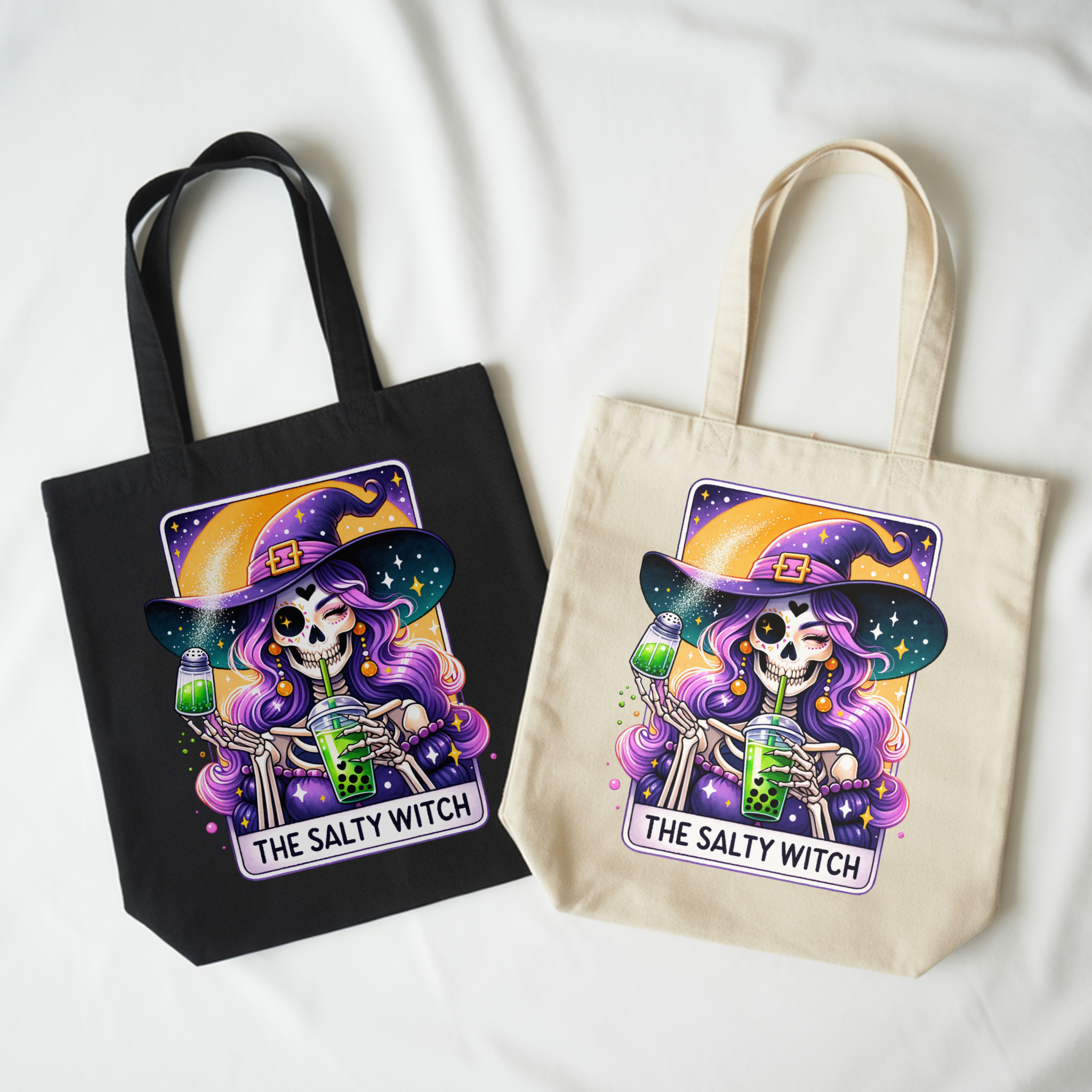 The Salty Witch Tote Bag – Bubble Tea Skeleton Witch Tote, Sarcastic Mystic Canvas Carryall product thumbnail image