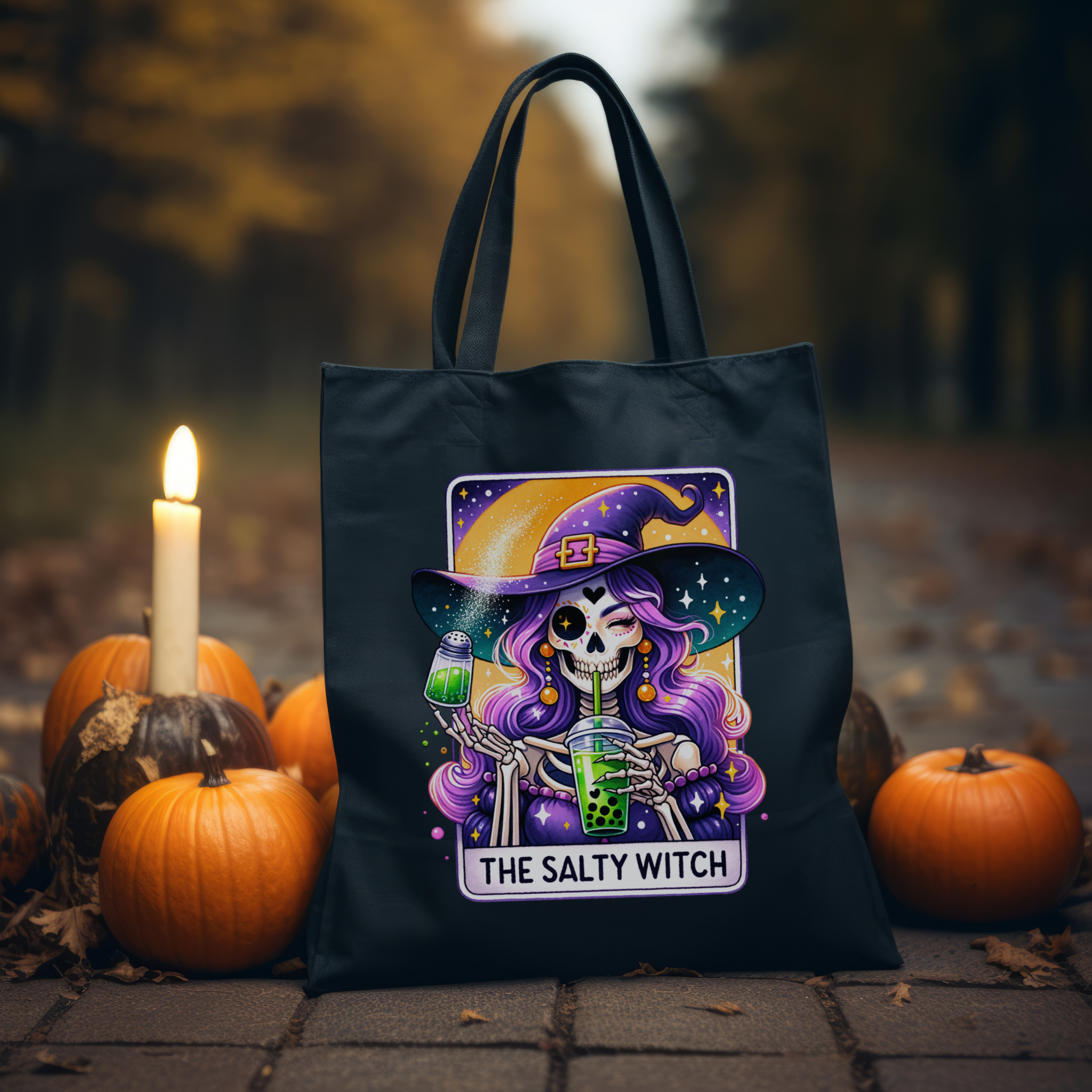 The Salty Witch Tote Bag – Bubble Tea Skeleton Witch Tote, Sarcastic Mystic Canvas Carryall