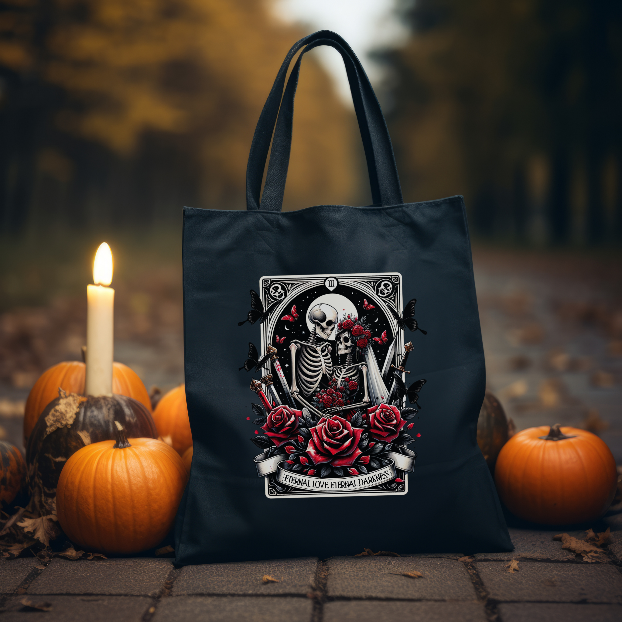 Eternal Love, Eternal Darkness Tote Bag – Gothic Skeleton Lovers Tote, Dark Romance Canvas Carryall